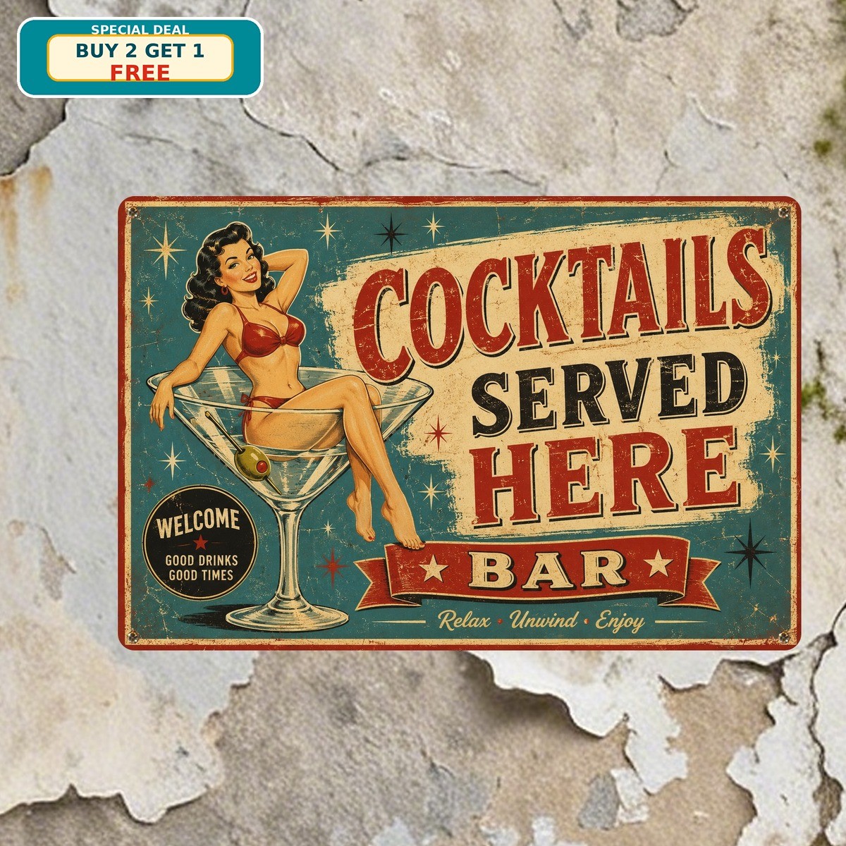 Bikini Woman Martini Served Here Retro Beach Cocktail Bar Metal Tin Sign 8x12