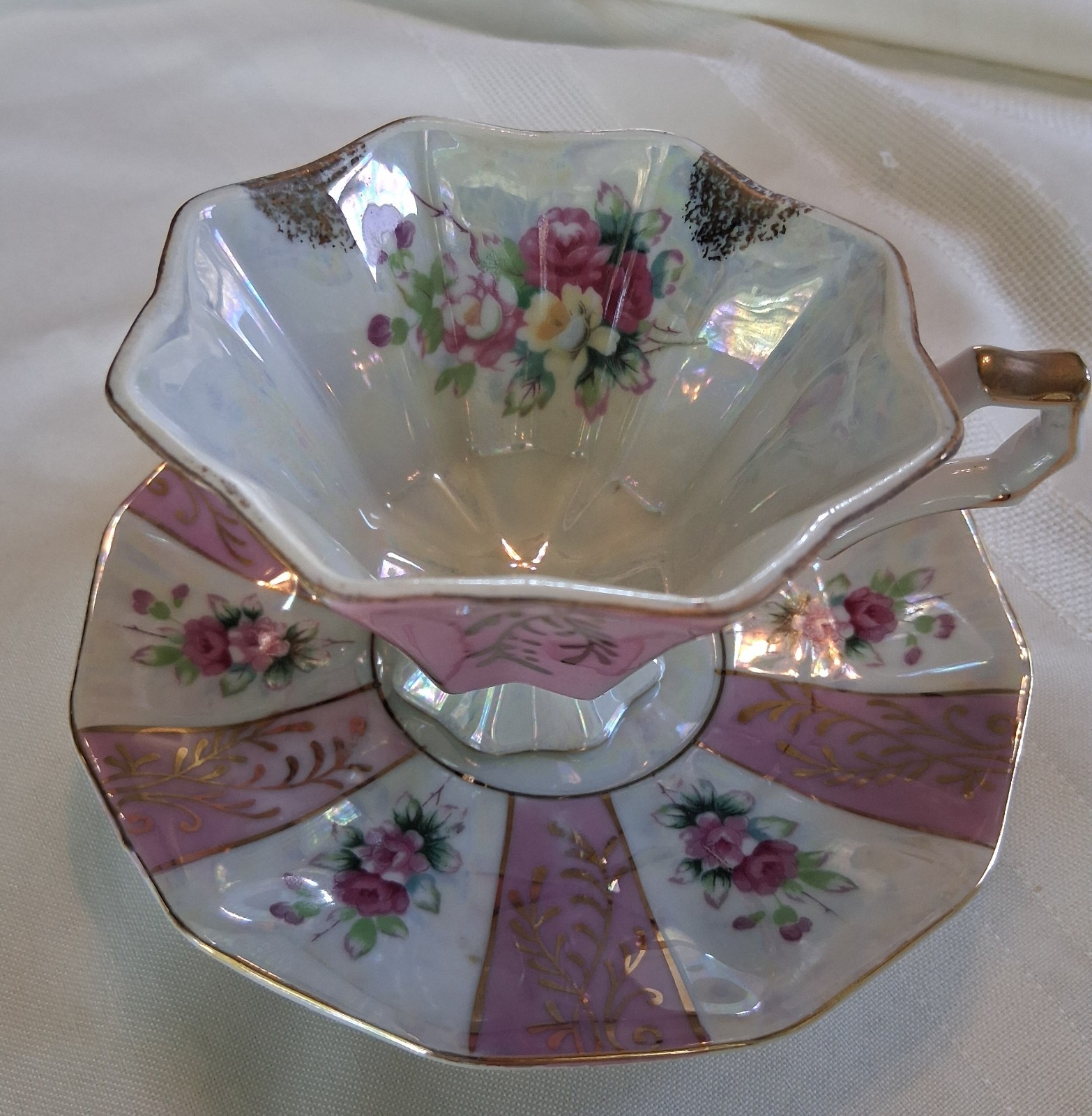 Vintage Shafford Japan Bone China Pedestal Iridescent Teacup and Saucer