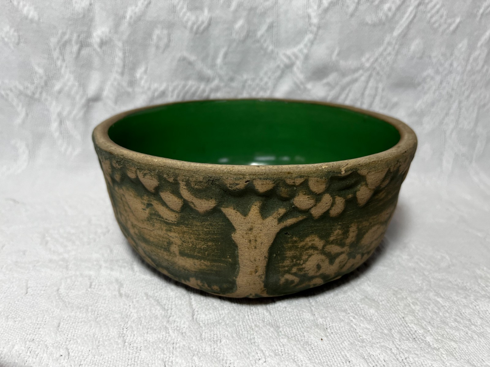 VINTAGE R.R.P. CO.  GREEN BRUSHWARE SCENIC TREES STONEWARE BULB BOWL PLANTER