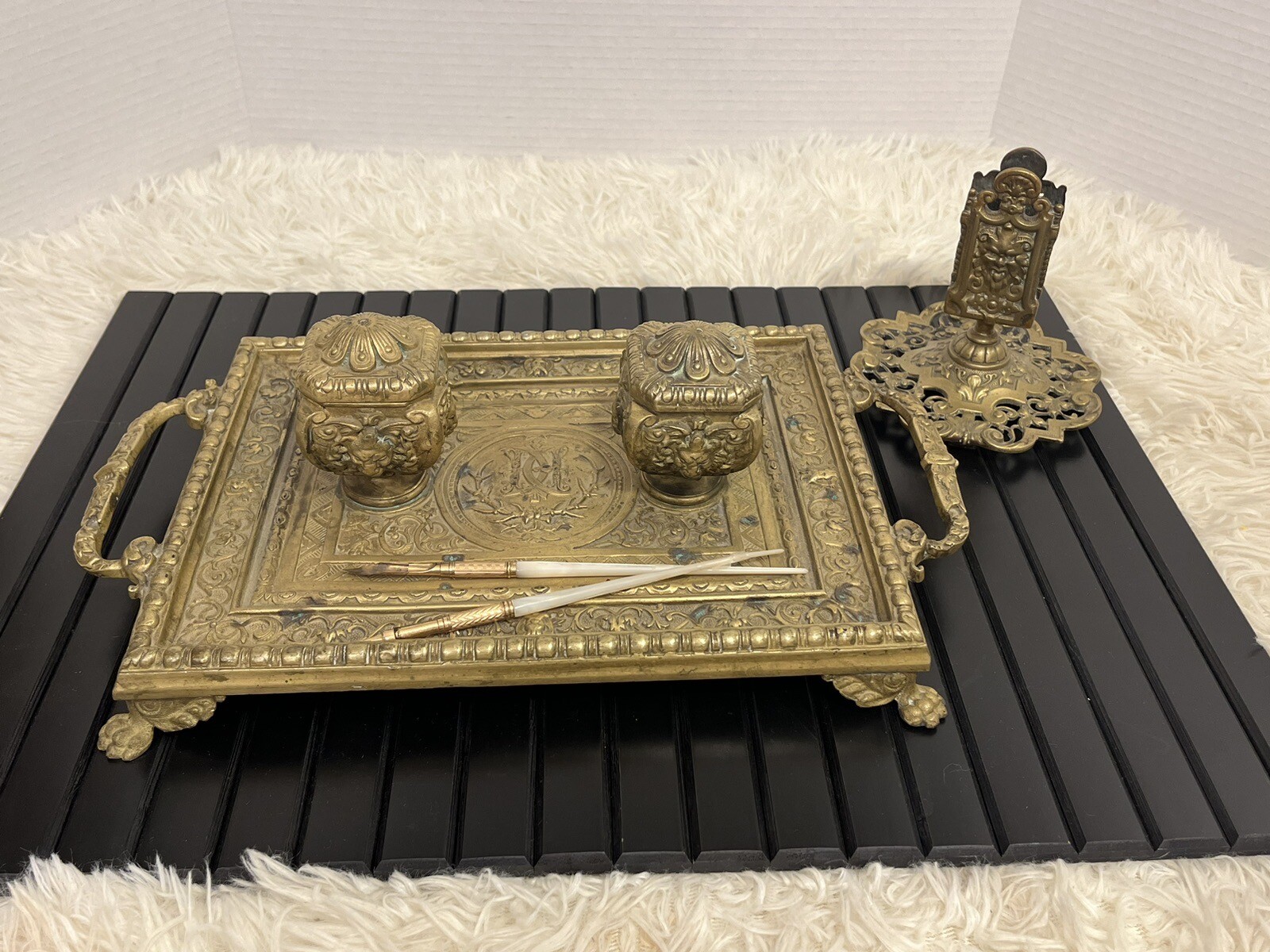 Antique Bronze Brass Footed Double Inkwell Letter Holder Calligraphy Pens