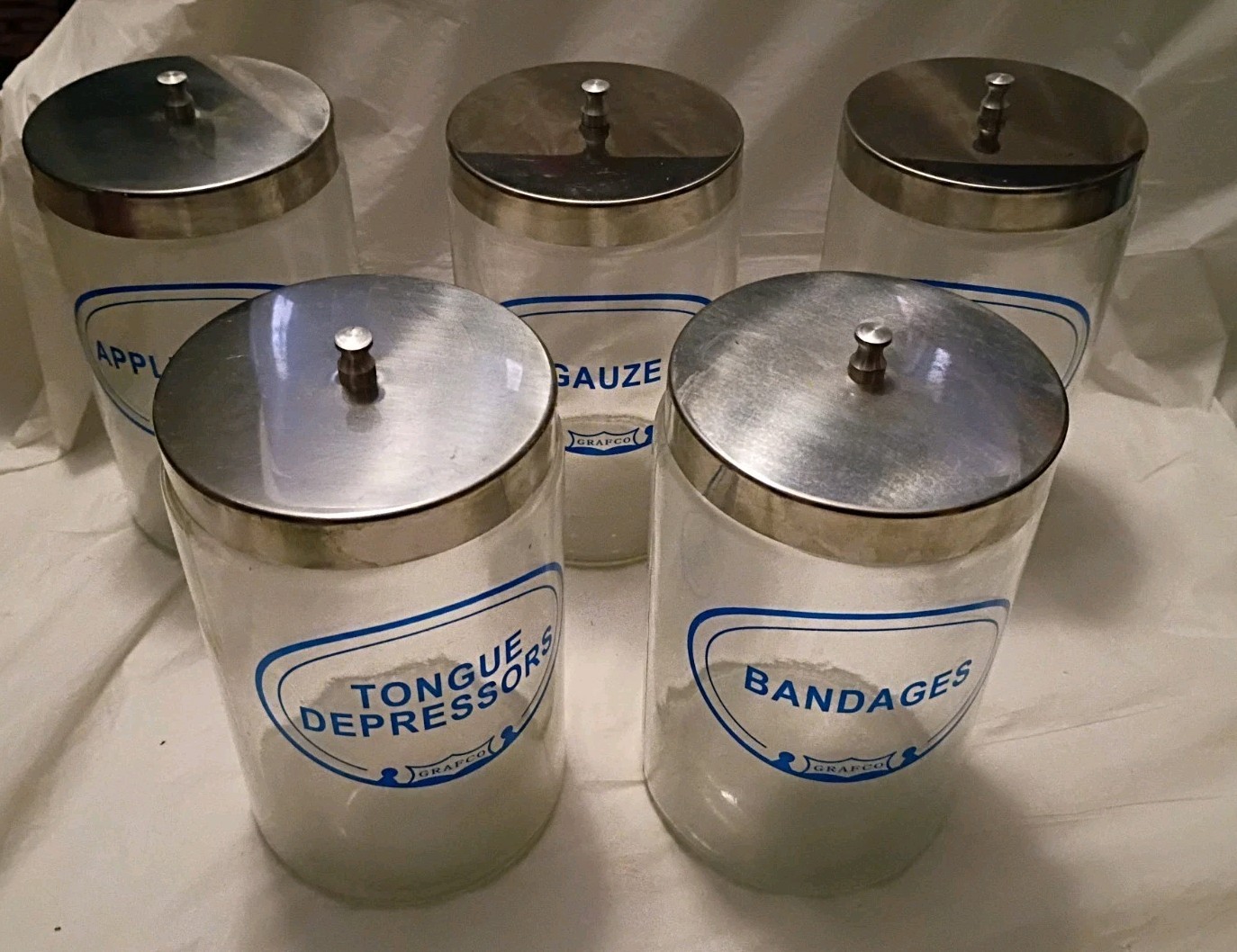 5-Grafco Glass Medical Apothecary Jars Applicators Bandages Cotton Guaze 