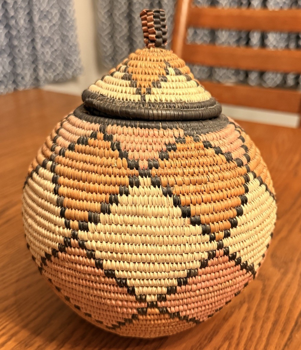Traditional Zulu Lidded Basket South Africa Handwoven Ilala Palm 8” Signed Tag