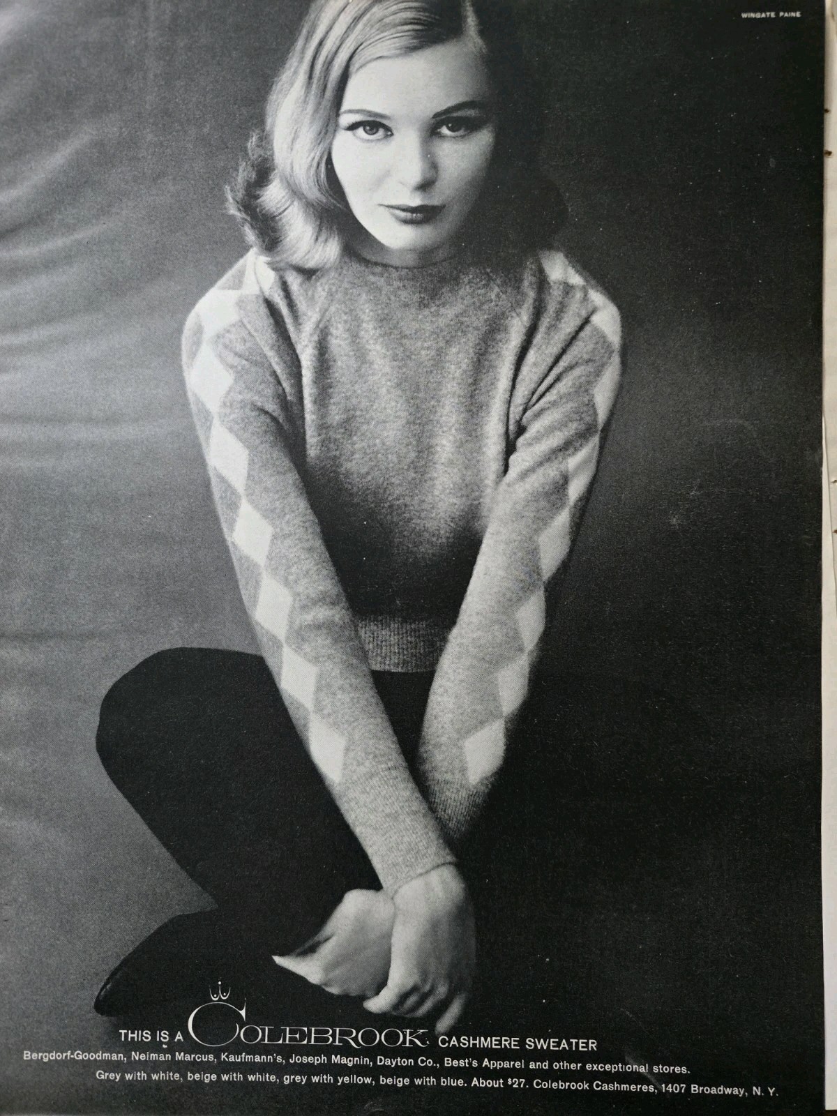 1957 womens Colebrook Cashmere Sweater Diamond Pattern vintage Fashion ad 