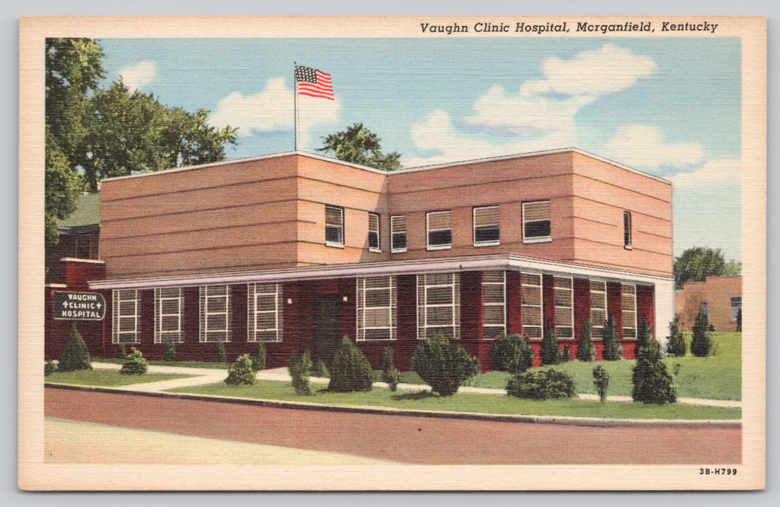 Postcard Morganfield Kentucky Vaughn Clinical Hospital with American Flag Atop