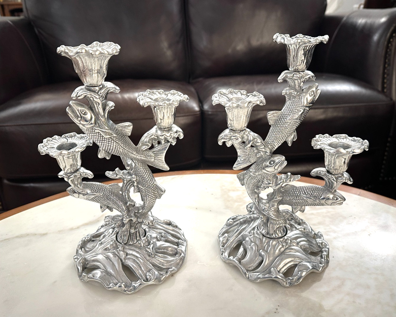Vintage Castor Cast Metal Fish Candle Holders Pair Sculptural Art Decor