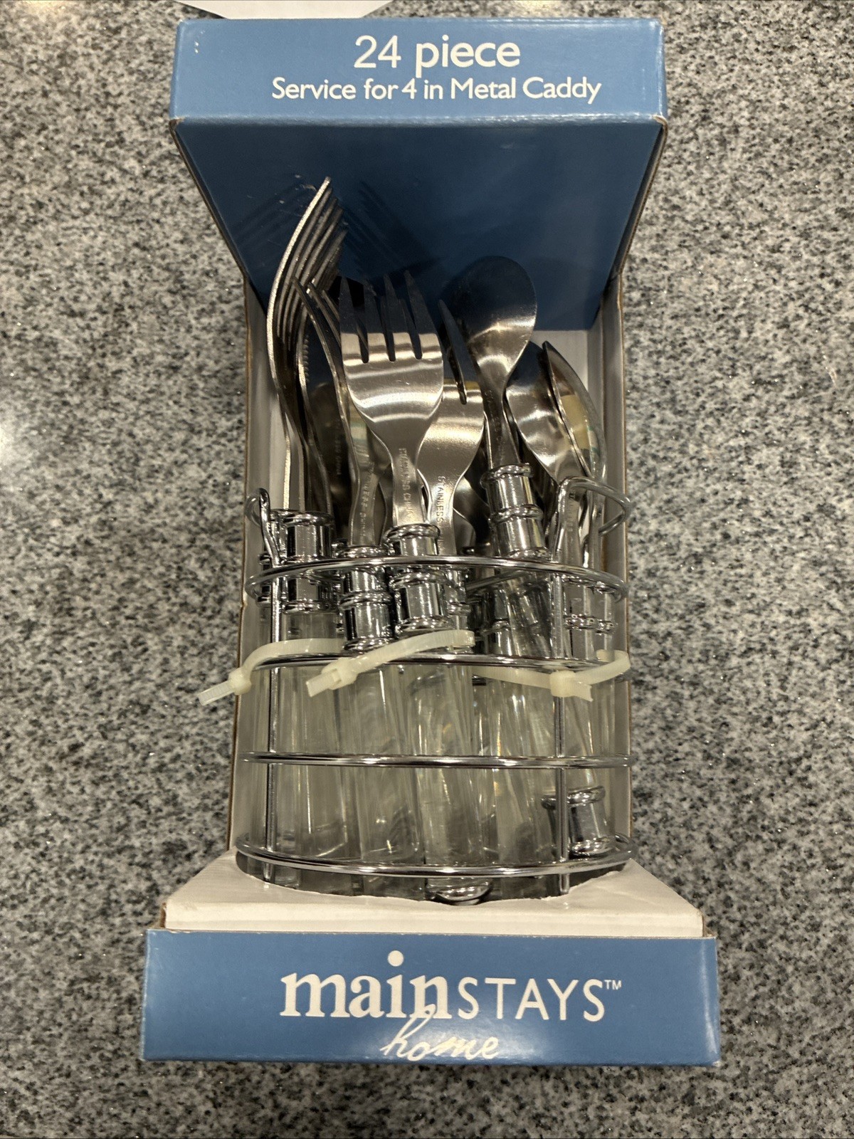 Mainstays Home 24 Pc Stainless Flatware Set Clear Handle Metal Caddy Silver Mainstays Home 24 Pc Stainless Flatware Set Clear Handle Metal Caddy Silver