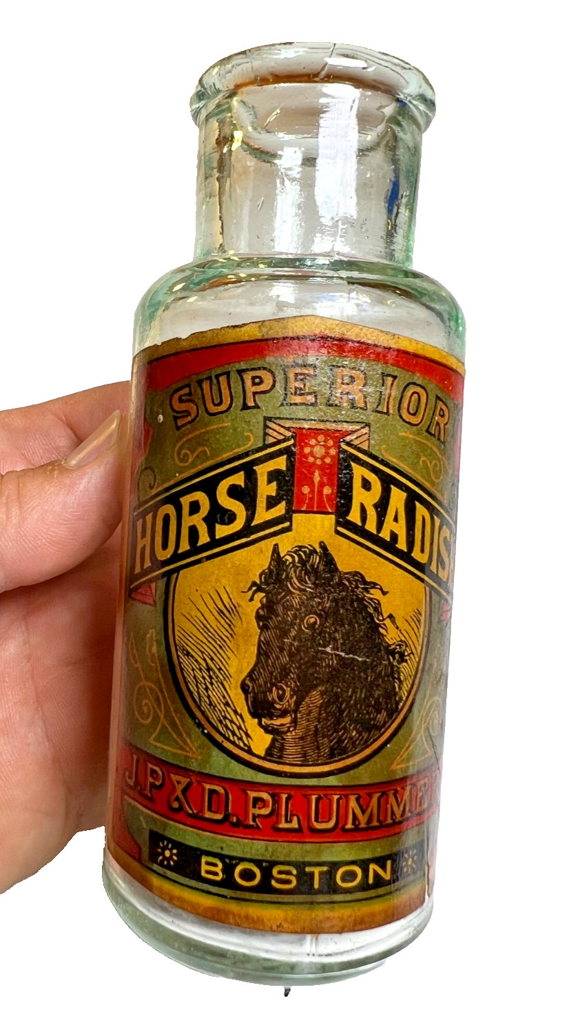 Antique 1890s J.P. & D. Plummer Boston MA Horse Radish Bottle Pictorial Label