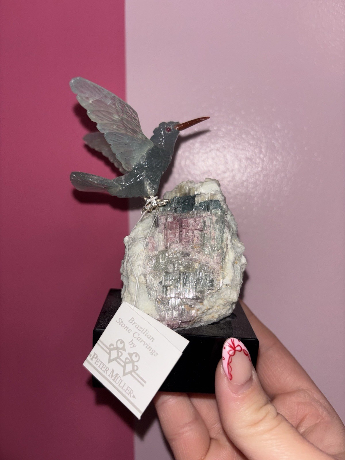 Peter Müller Stone Carving Aquamarine Hummingbird  on Watermelon tourmaline