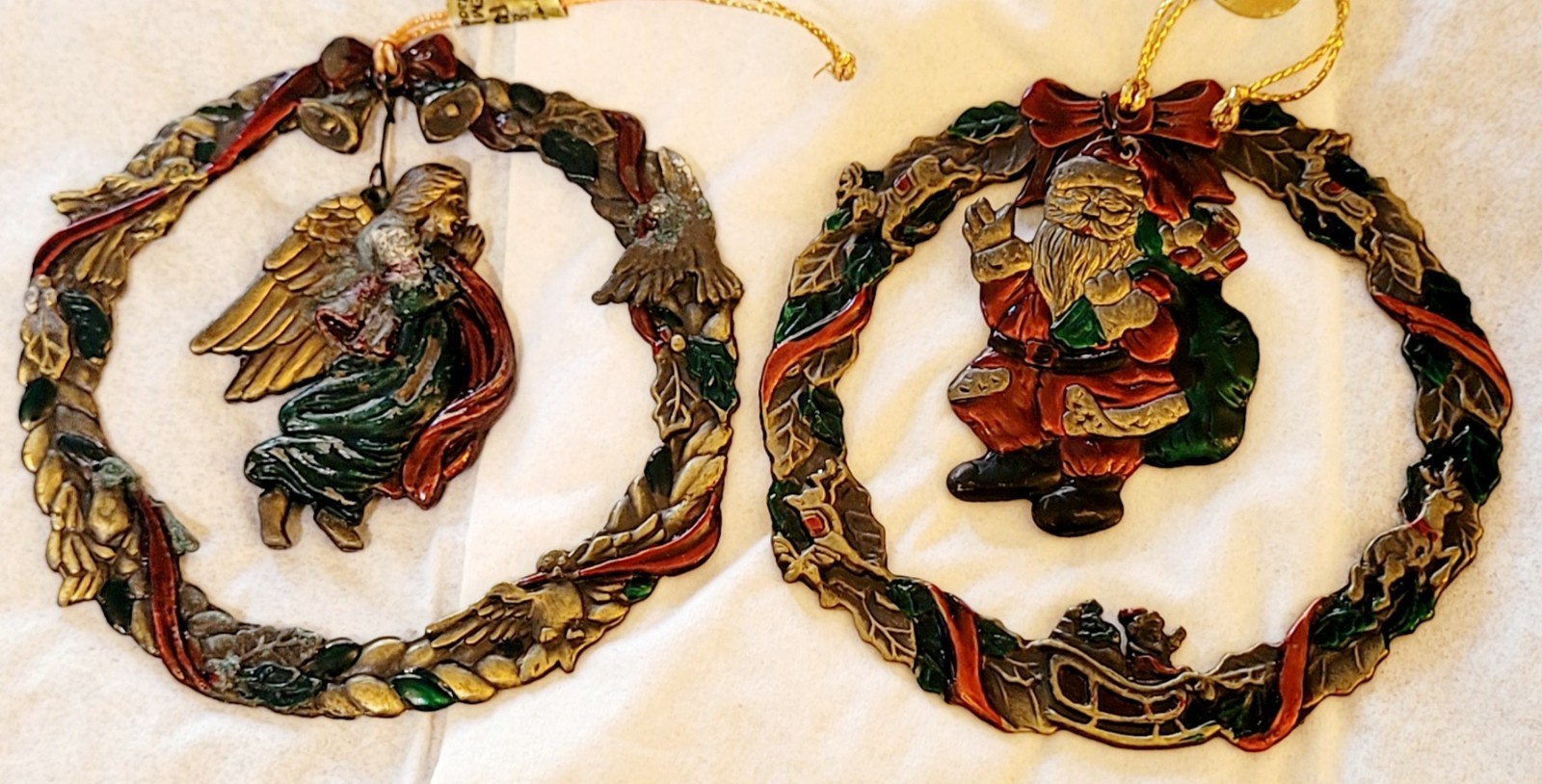 (2) Metal RUSS Berrie Heirloom Collection Wreath Santa/Angel Xmas Ornaments