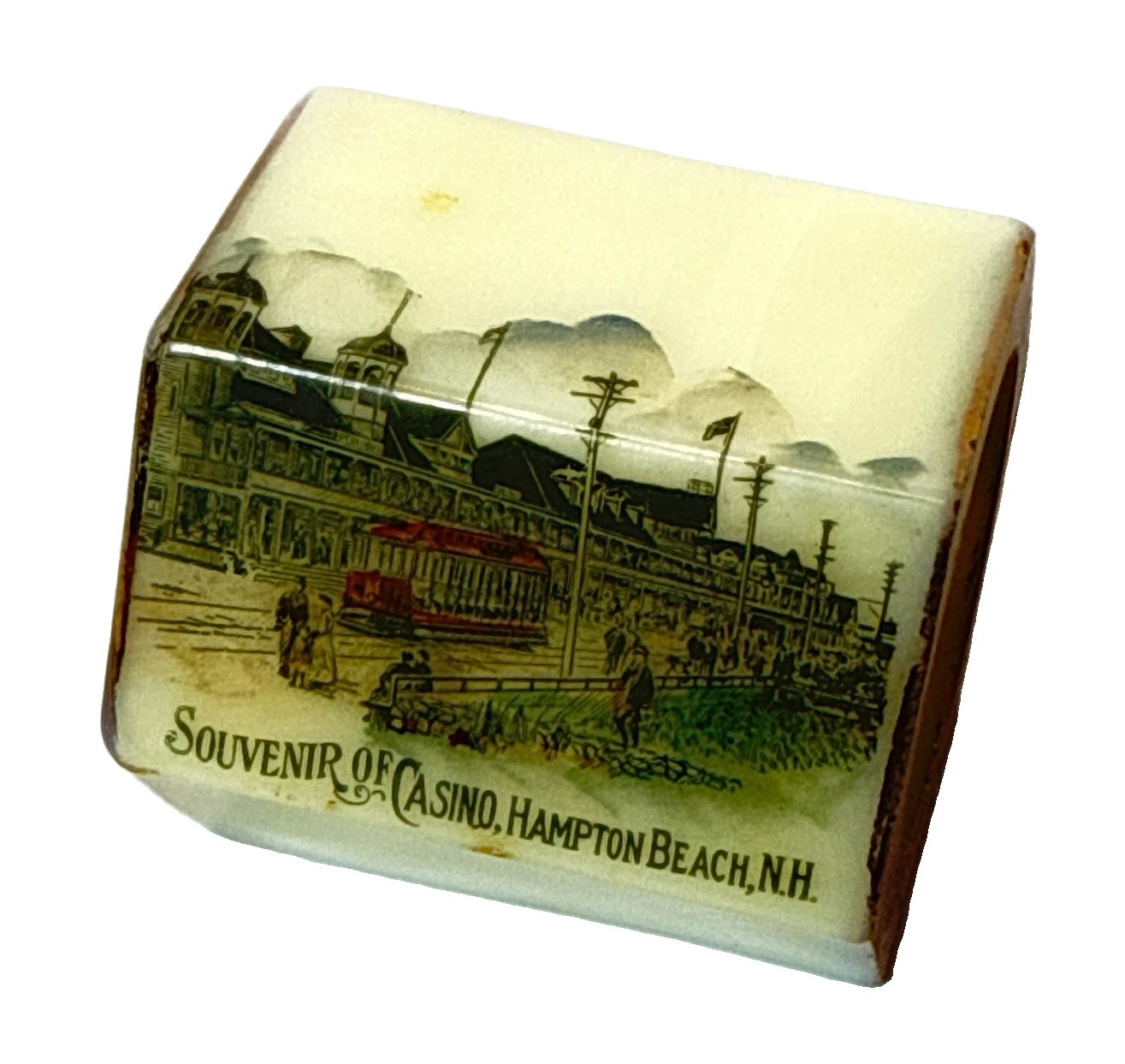 HAMPTON BEACH NH Uranium Antique CASINO Custard Glass Souvenir Ring Trinket