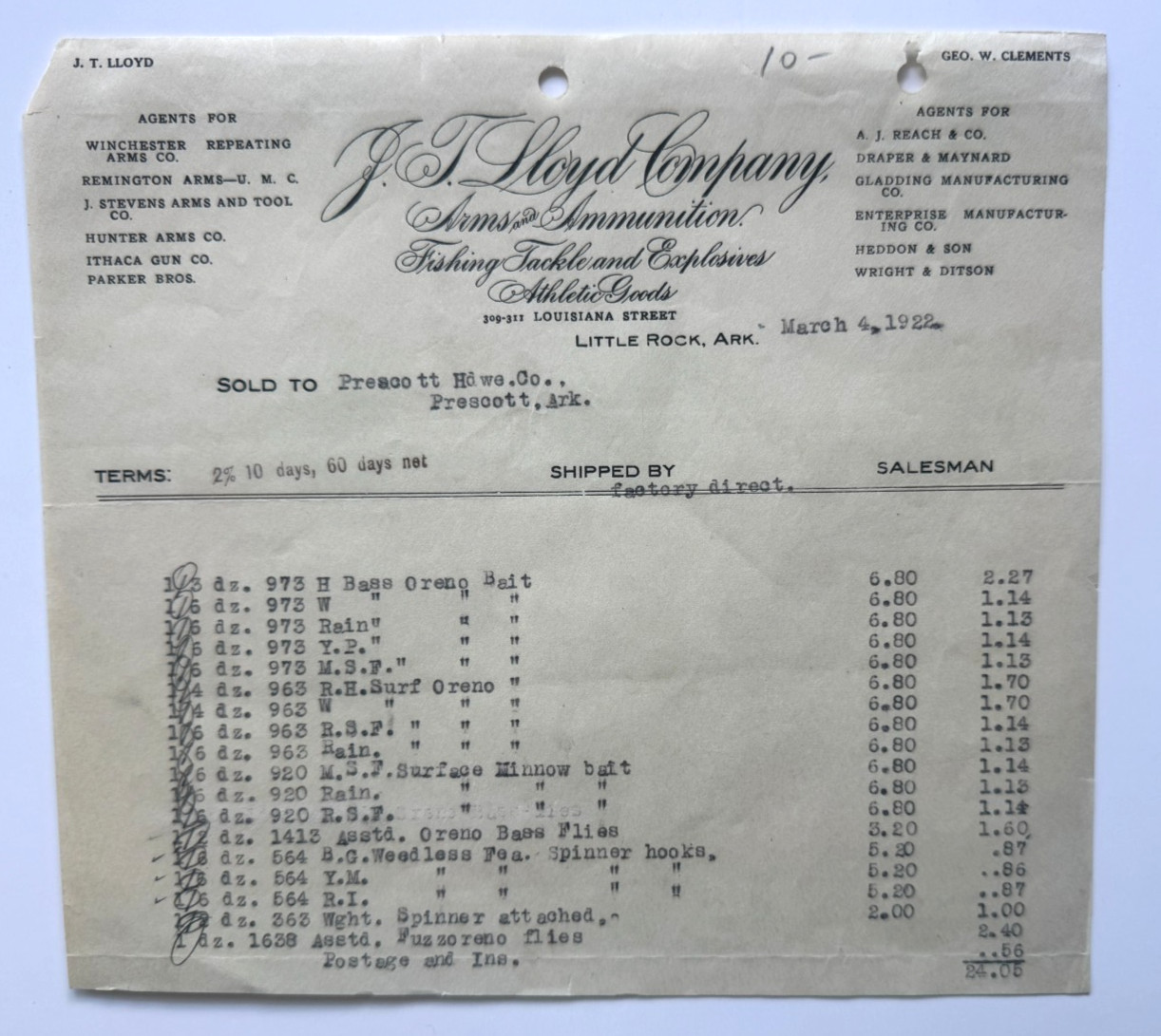 1922 Billhead Little Rock Arkansas JT Lloyd Arms Ammunition Fishing & Explosives