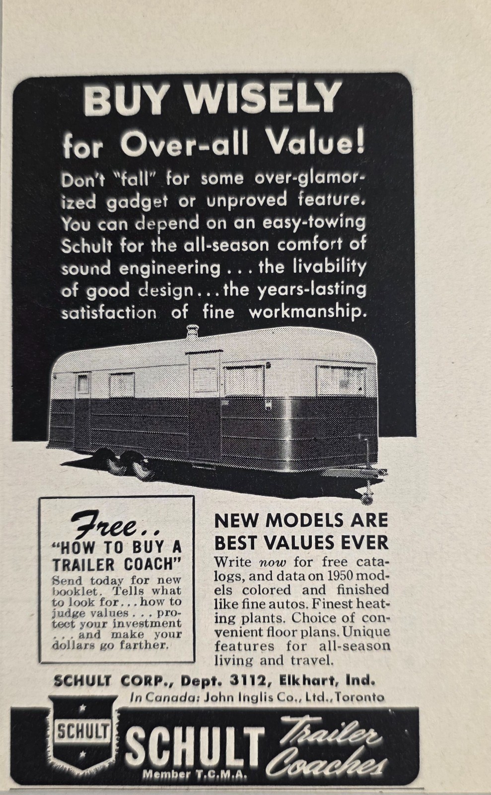1949 Print Ad Schult Travel Trailer Coaches New Models Elkhart,Indiana