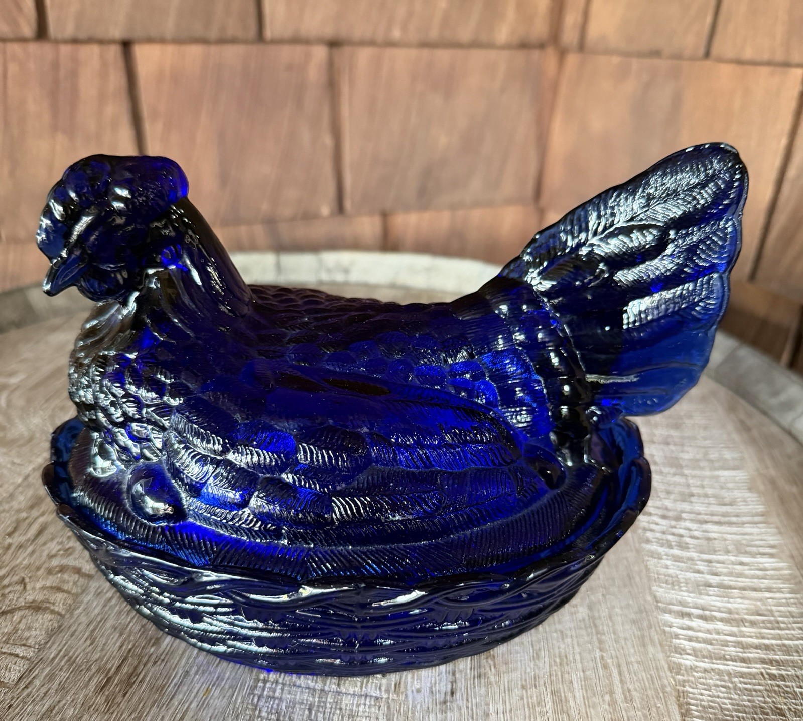 L G. Wright Cobalt Blue Glass Split Tail Hen On Basket Candy Dish 8” Chicken MCM