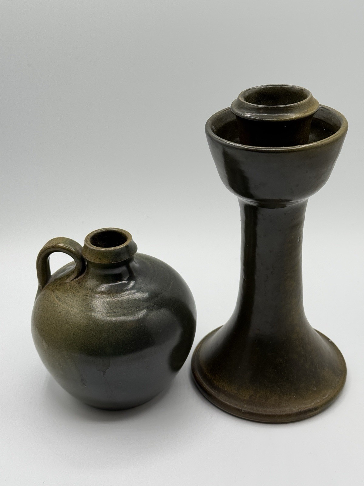 Ben Owen Green Pottery 9 Inch Candlestick And 5 Inch Pitcher Jug Ben Owen Green Pottery 9 Inch Candlestick And 5 Inch Pitcher Jug