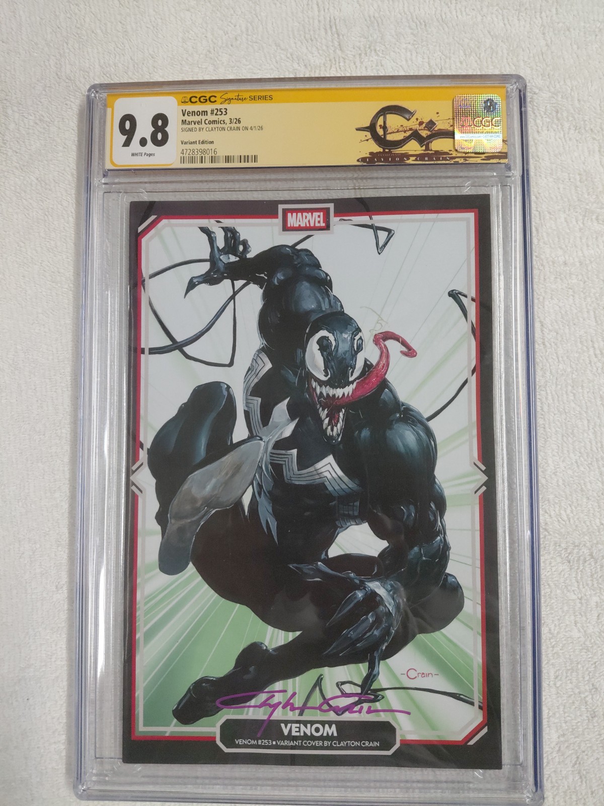 Venom 253 Clayton Crain Variant CGC 9.8 SS Signed Clayton Crain CUSTOM LABEL
