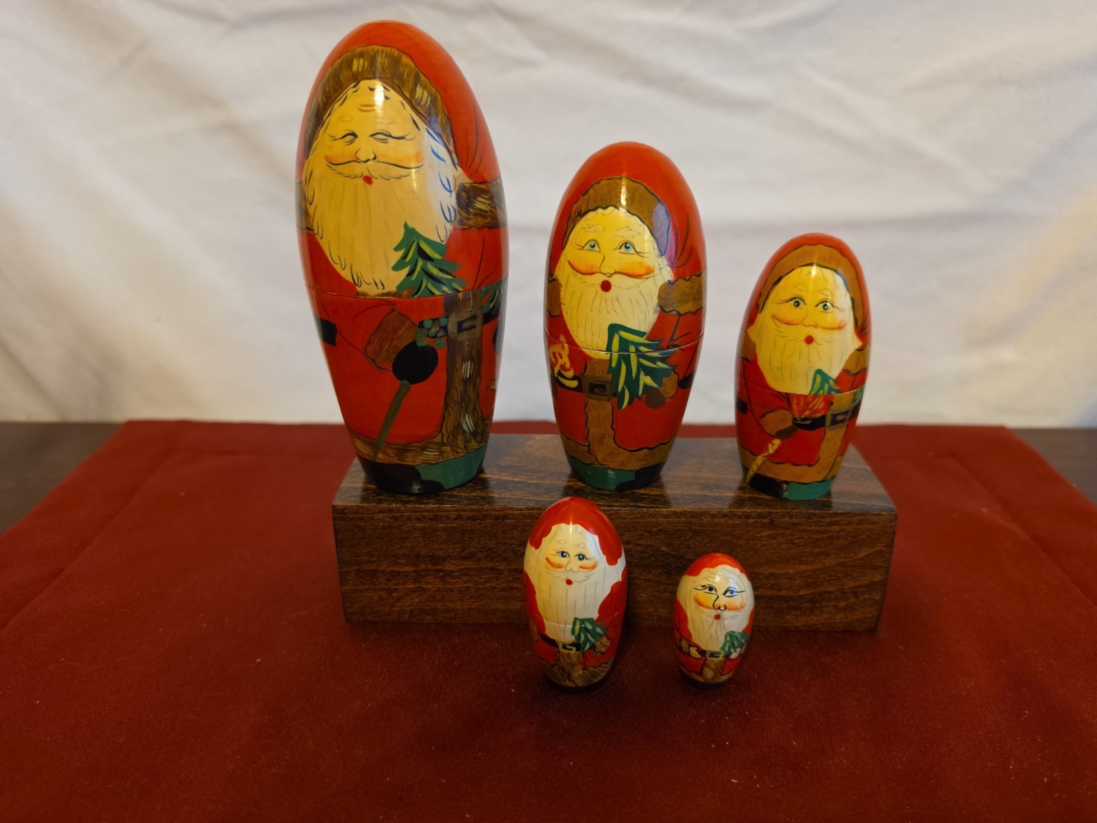 Vintage Hand Painted Russian Wooden Santa Nesting Figurines Set of 5 Christmas