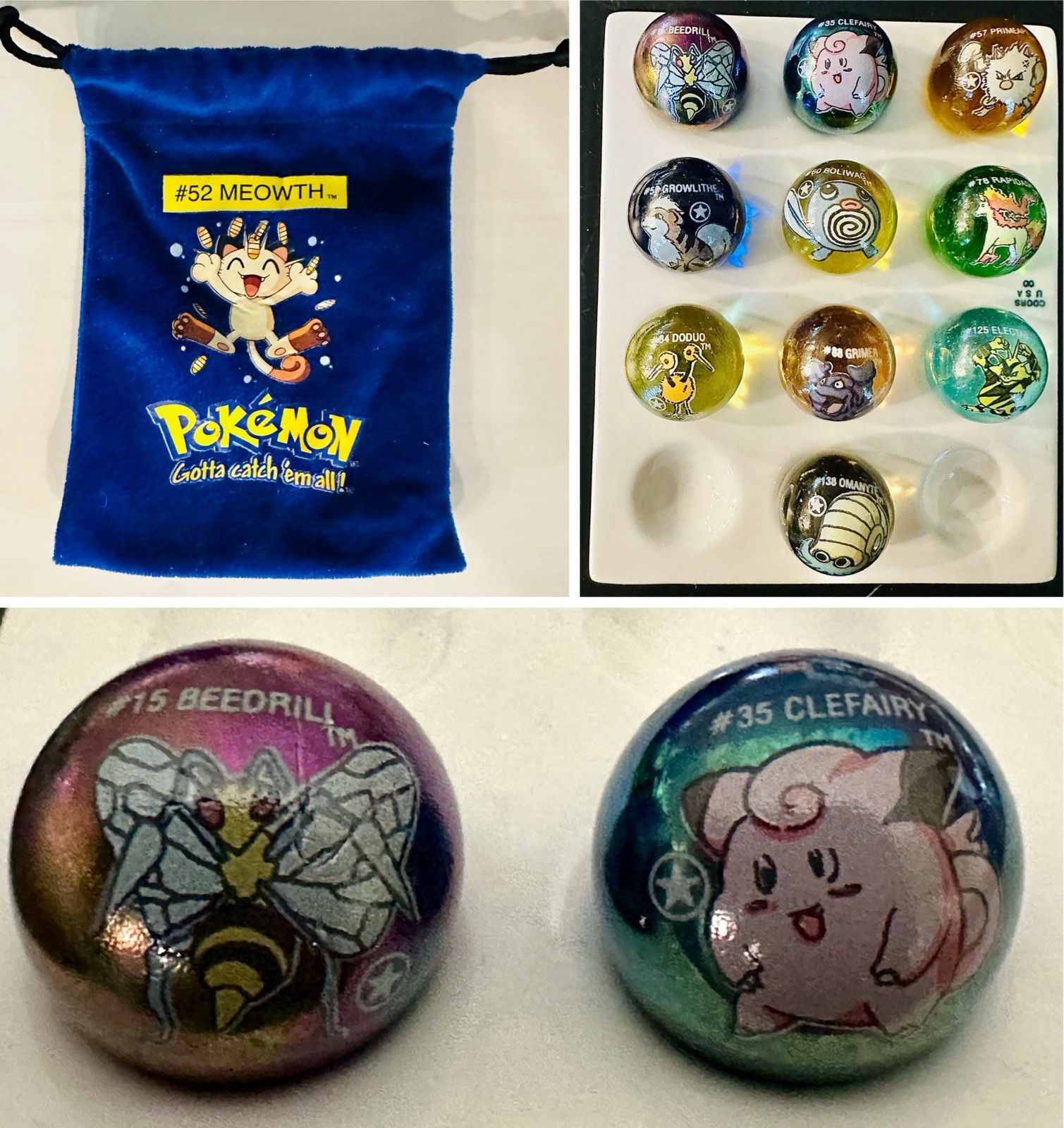UNUSED Toy Biz Pokémon 10 STAR Marbles 2 Holos: BEEDRILL & CLEFAIRY Meowth Bag