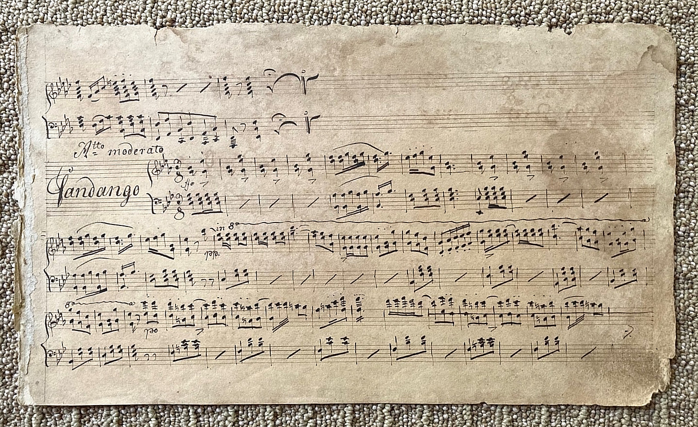 1840 SHEET MUSIC LEAF SPANISH FANDANGO PRESTO FINIS PIANO MANUSCRIPT B WATERMARK 1840 SHEET MUSIC LEAF SPANISH FANDANGO PRESTO FINIS PIANO MANUSCRIPT B WATERMARK