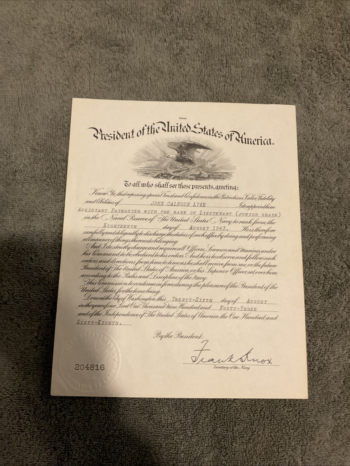 1943 Navy Military Document # 204816 Signed by Frank Knox Secretary of the Navy