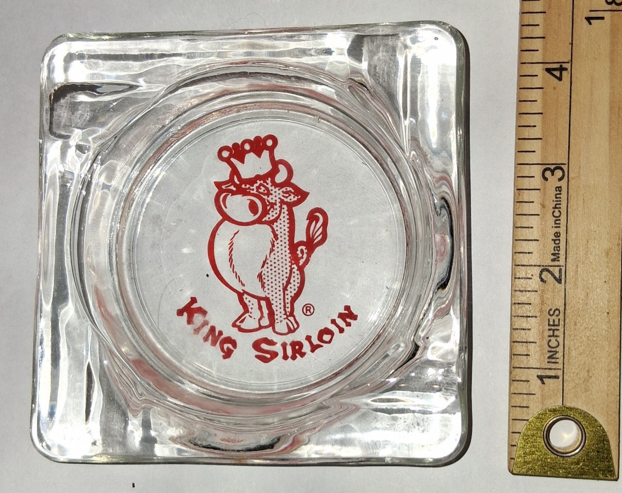 Vintage King Sirloin Steakhouses Glass Ashtray Crowned Bull Mascot Red Graphic