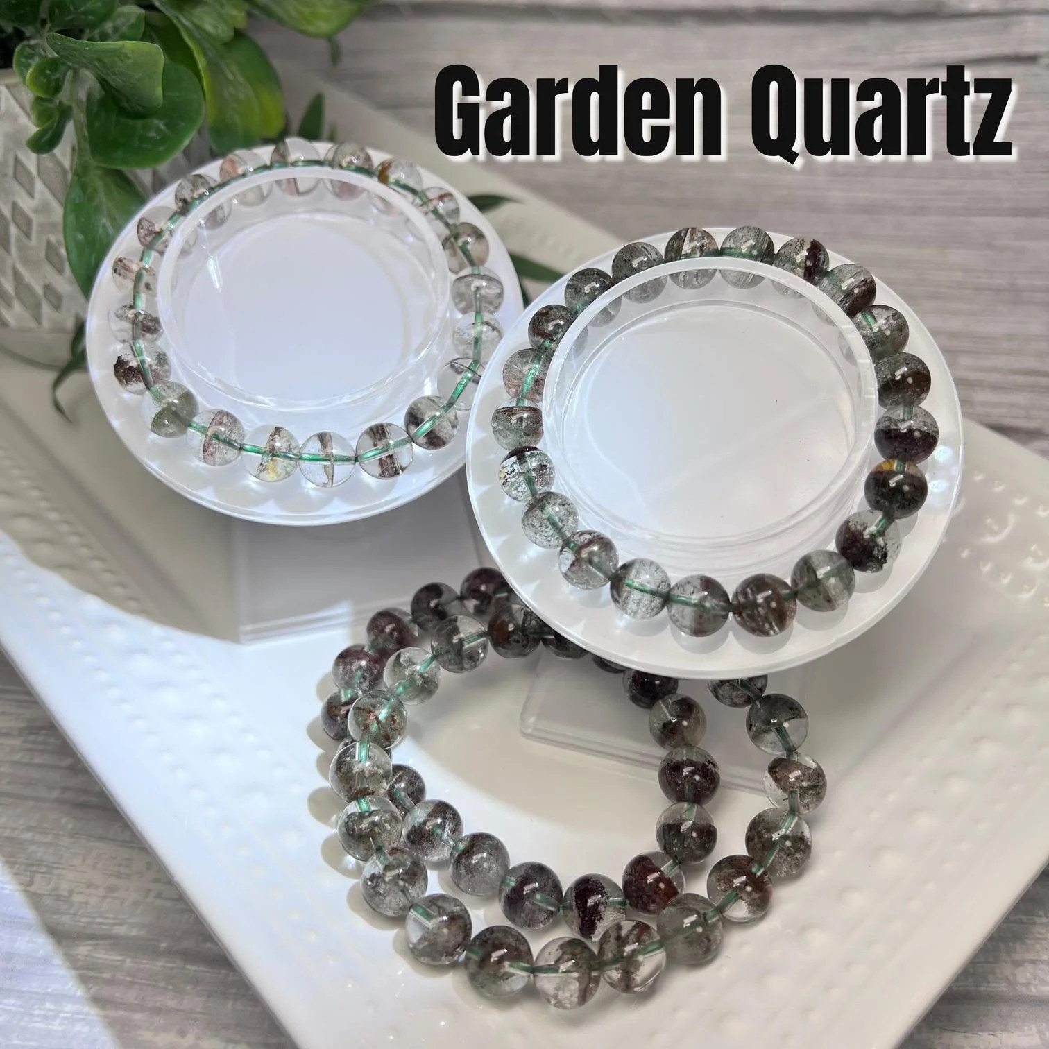 Garden Quartz Bracelet, Inclusion Quartz, Lodolite, 8-9mm Round Beads, Quartz