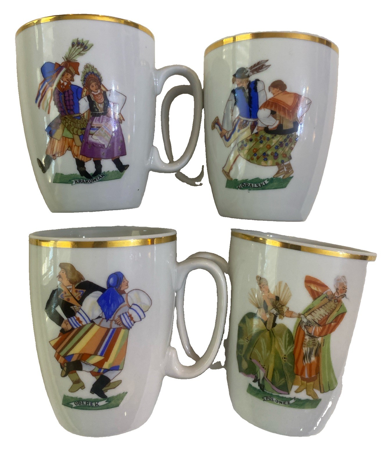 Vintage 4 Porcelana WLOCLAWEK Mugs Traditional Native Folk Art Dancers Poland