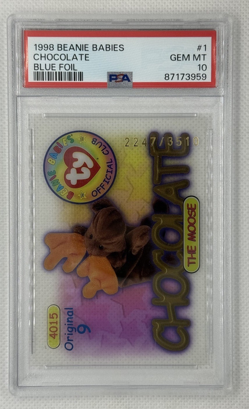 1998 TY BEANIE BABIES CHOCOLATE MOOSE BLUE FOIL ACETATE ORIGINAL 9 PSA 10 POP 1