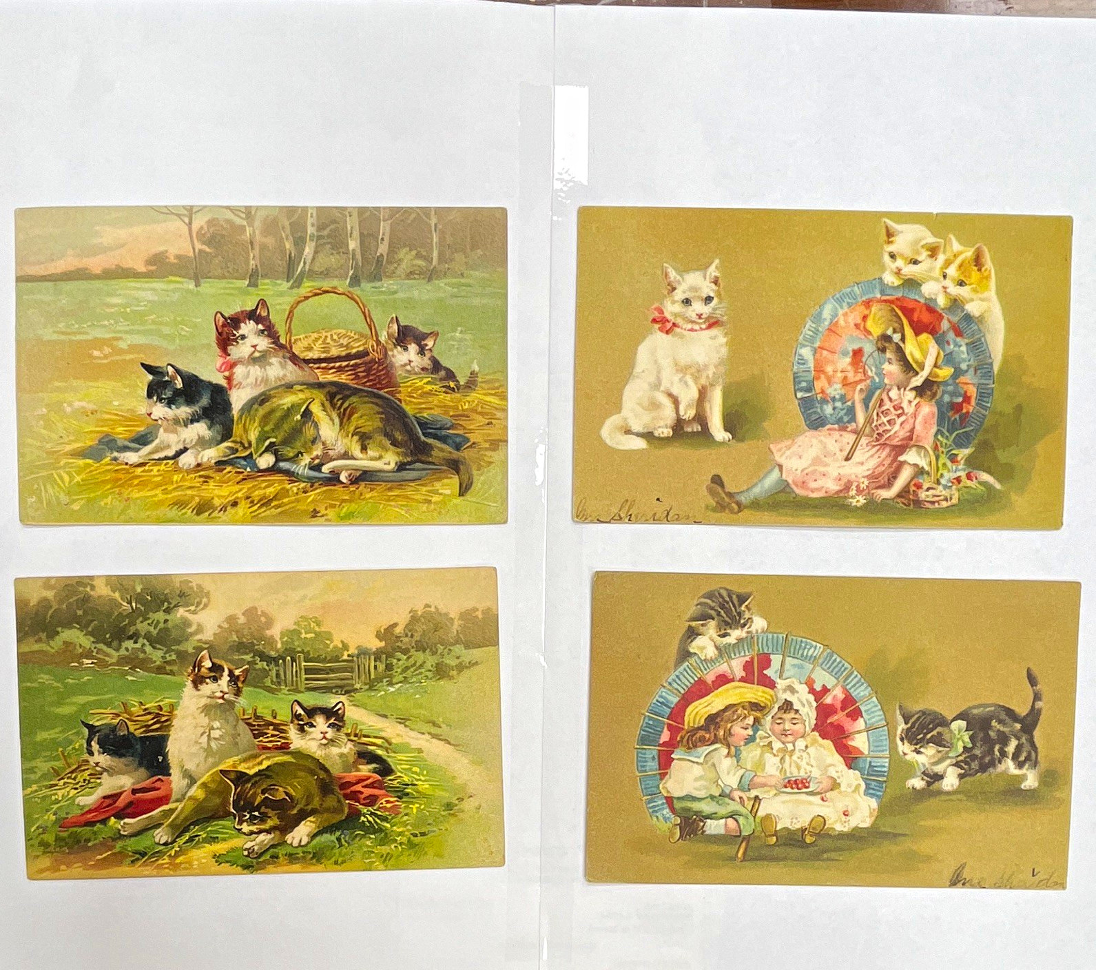 Antique 1907-1908 Posted Cats & Children postcards with Ben Franklin 1¢ Stamps