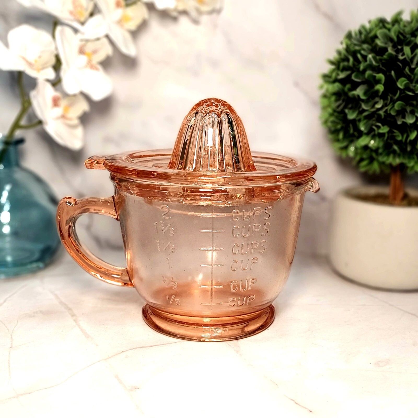 Pink Amber Glass Measuring Cup & Juicer Reamer, Mixing Bowl, VTG Style Kitchen