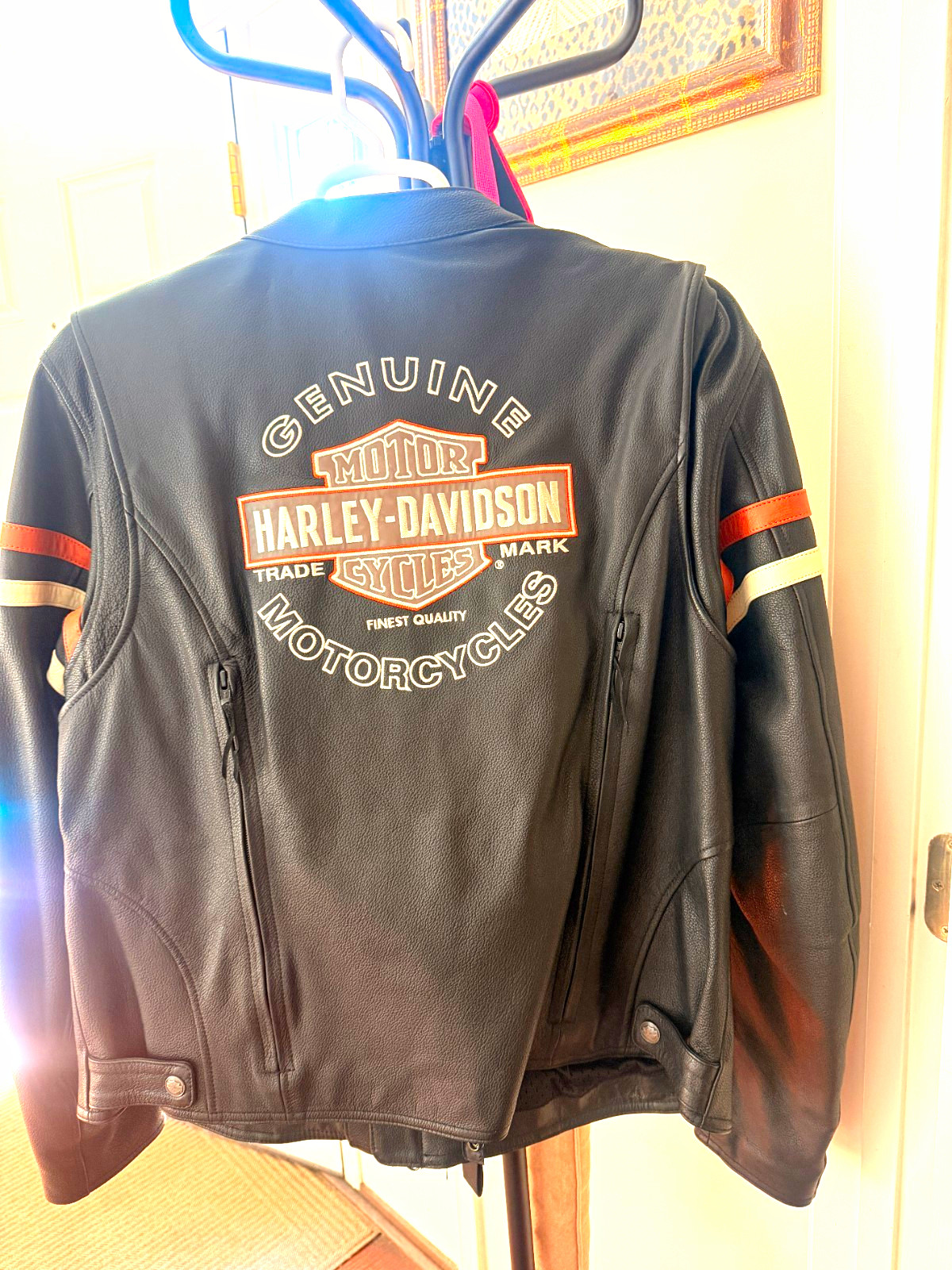 Harley-Davidson Black Leather Zip Front Jacket w/ Orange & White Sleeve Stripes
