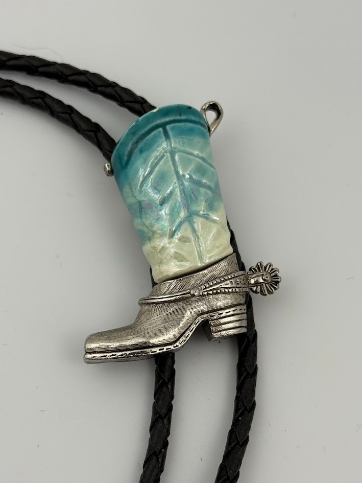 Vintage Bolo Tie Western Cowboy Southwest Boot Silver Tone Enameled Blue Inlay
