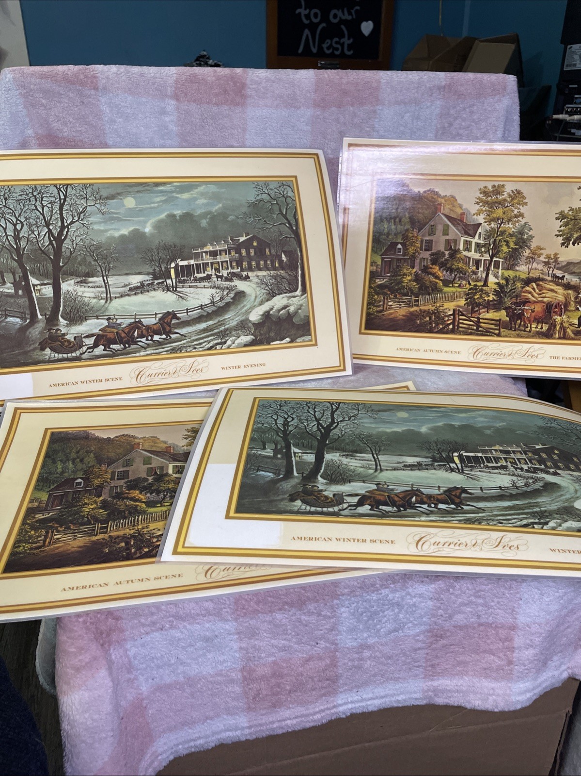 Currier and Ives American Winter/ Autumn Scenes 4 Placemats Set Reversible