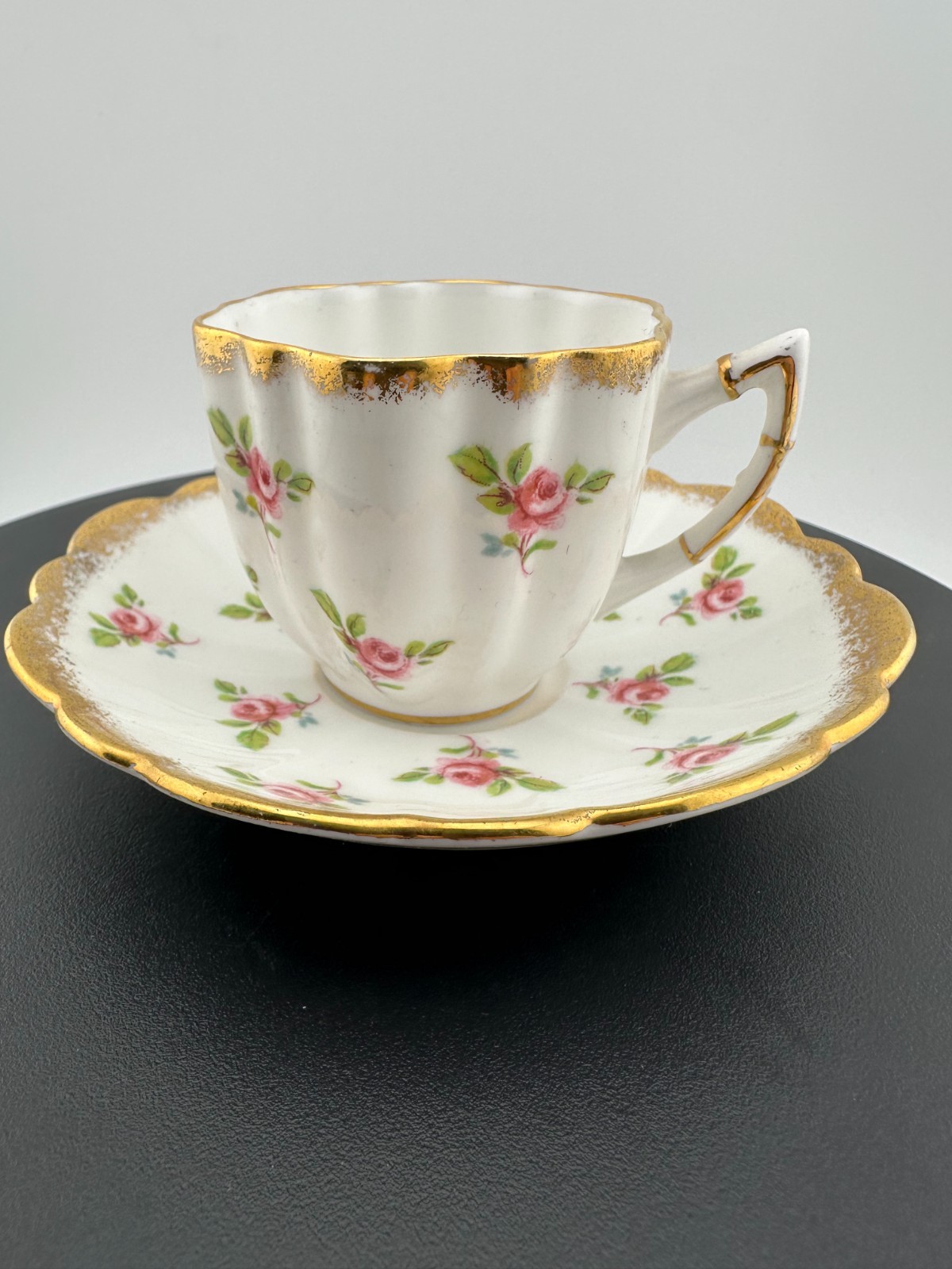 Victoria C&E Bone China England Demitasse Cup Saucer Pink Roses Gold Gilt
