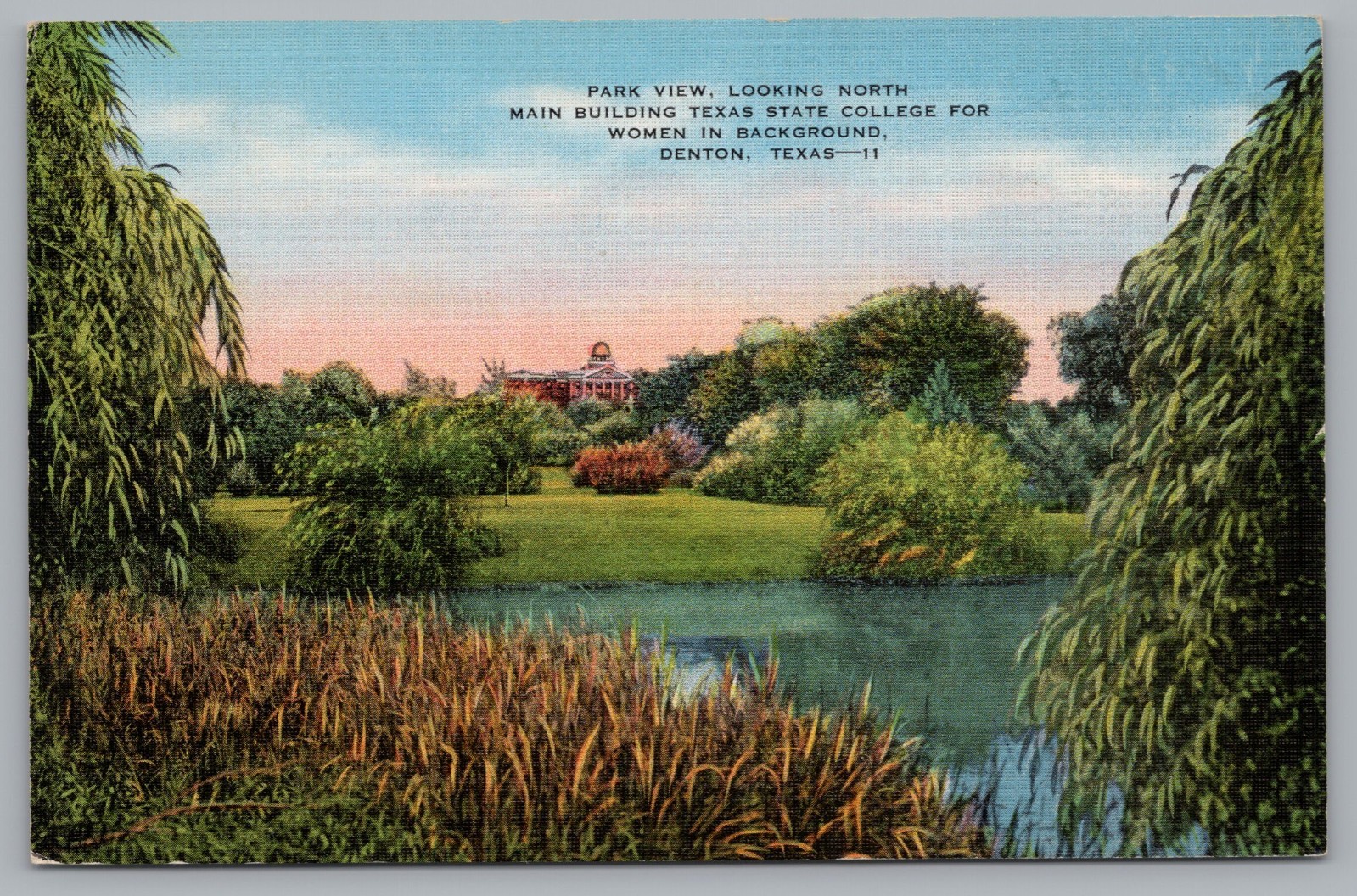Texas State College for Women, Main Building Park View, Denton TX Postcard 1940s