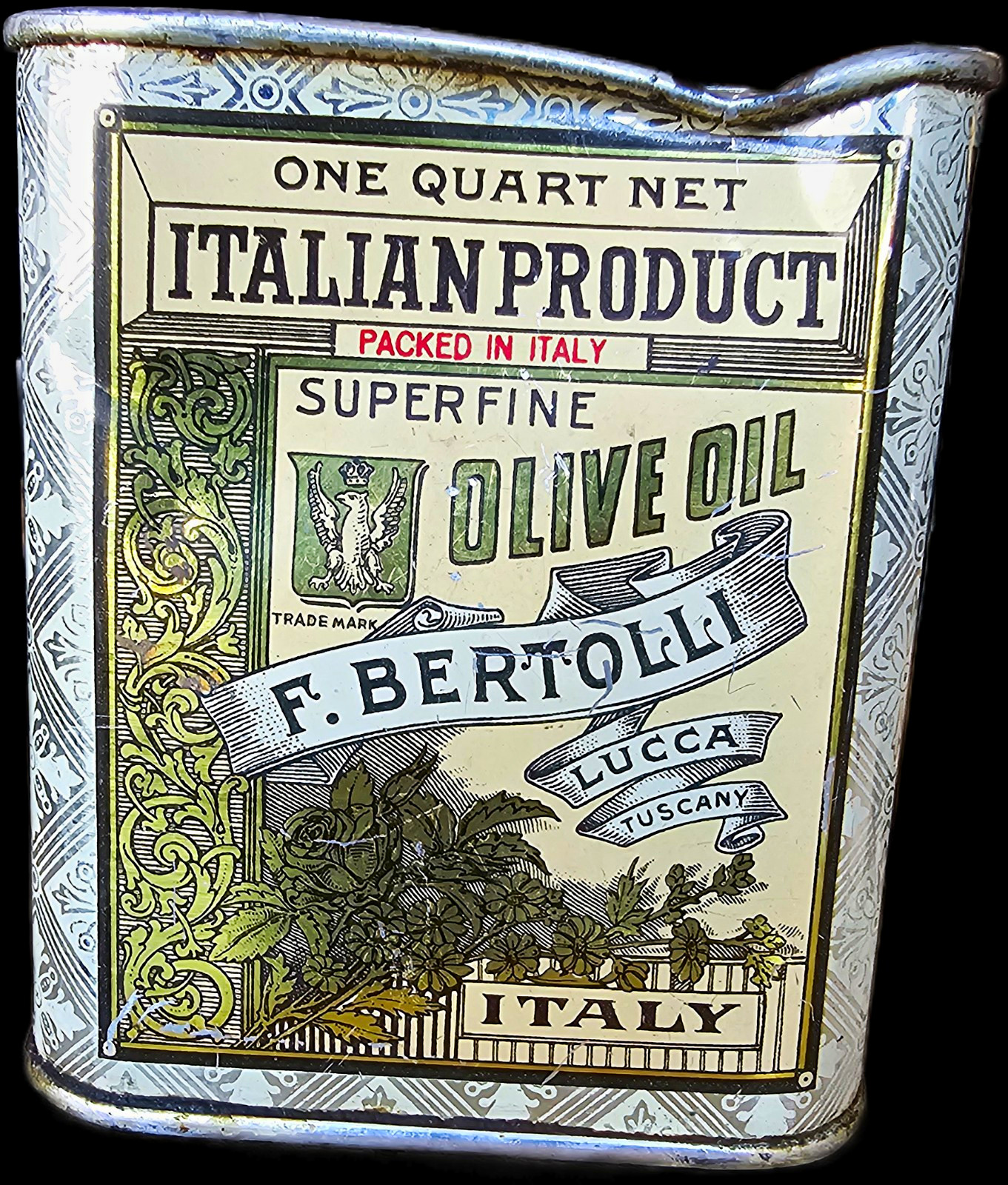 Vintage F. Bertolli Olive Oil Tin 1 Quart Lucca Tuscany Italy Advertising Can
