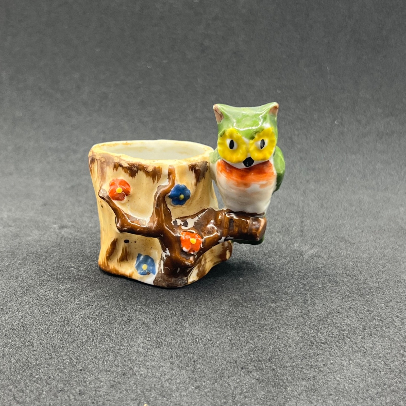 Vintage Occupied Japan Ceramic Owl Tree Stump Toothpick Holder Match Pot