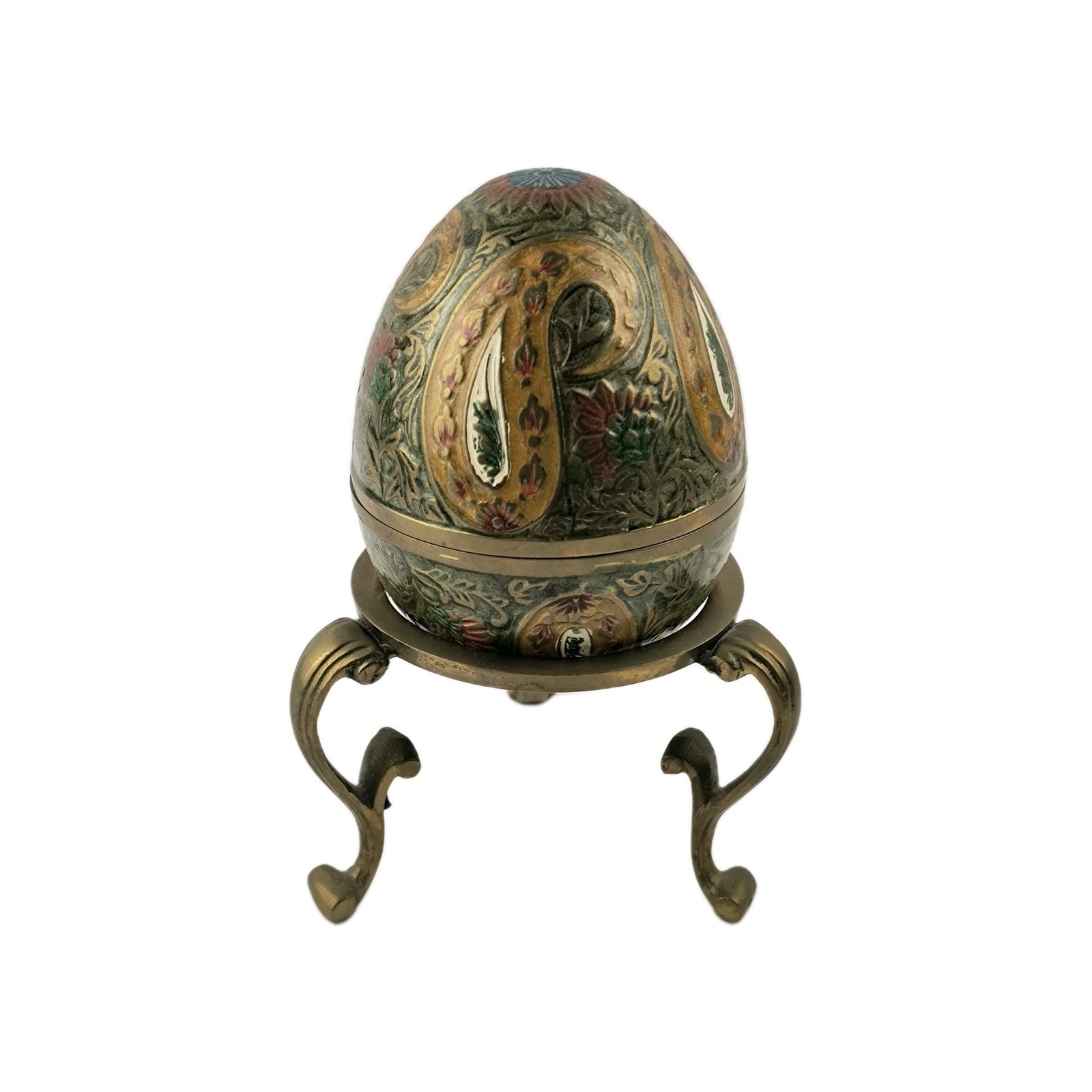 Enameled Cloisonne Brass Egg Trinket Box 3 Footed Brass Stand Made In India