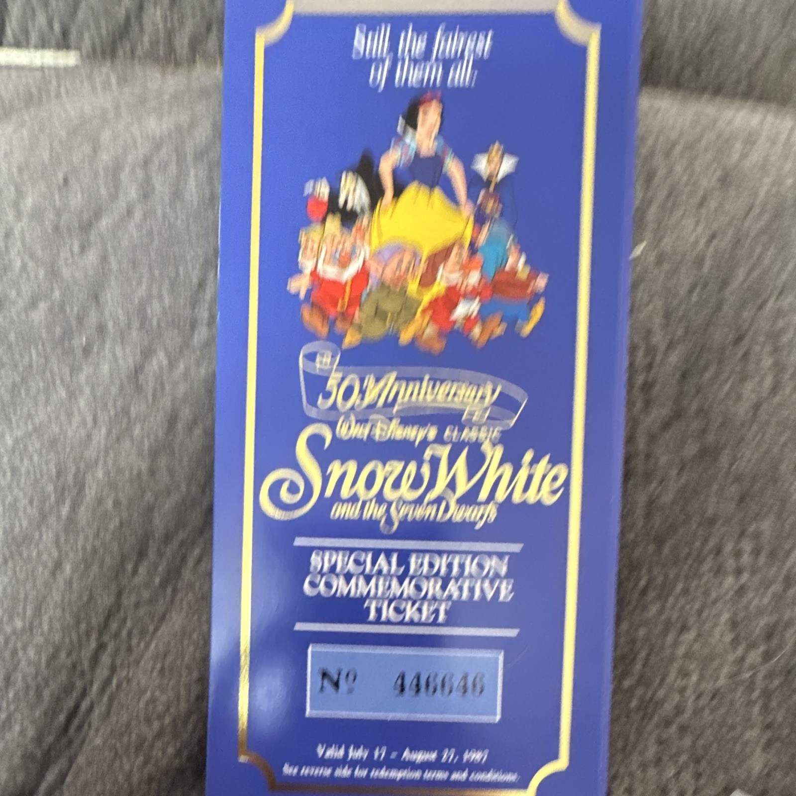 Disney Snow White Seven Dwarfs 50th Anniversary Ticket No. 446846 1987