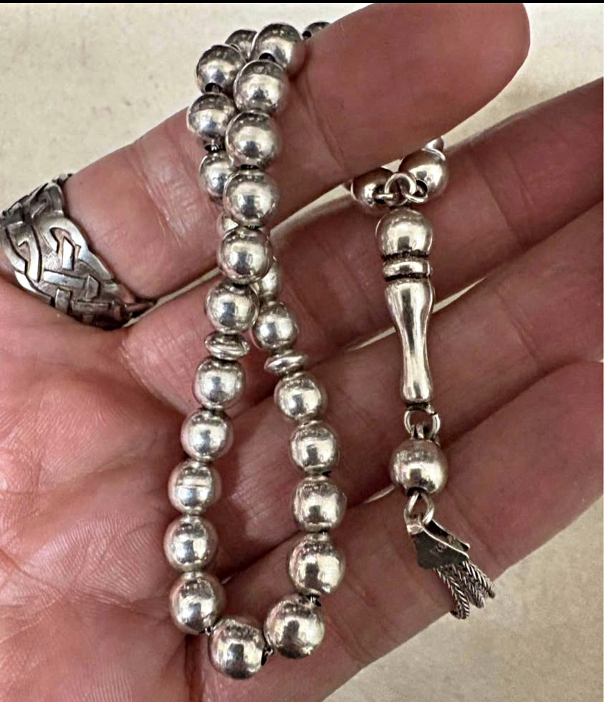 Vtg Middle Eastern 925 Sterling Silver Worry Beads tasbih 6.85MM   35 Beads
