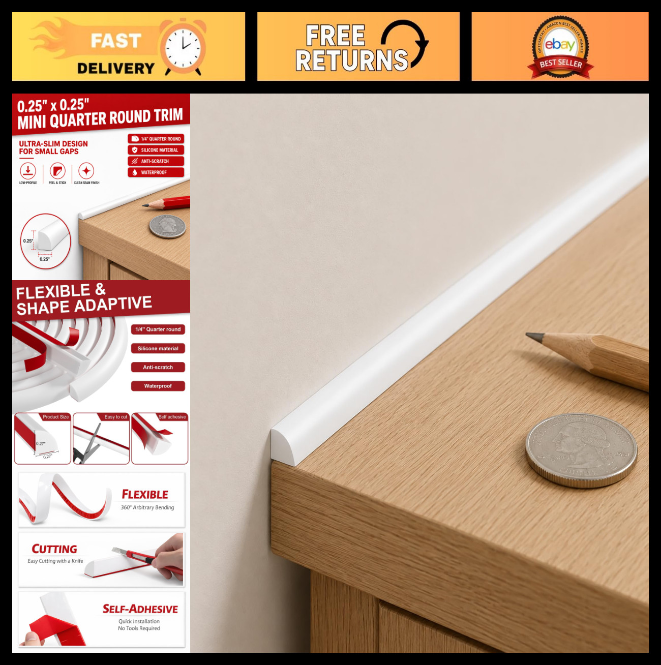 Peel and Stick Quarter Round Molding 1/4in x 20ft - Ultra-Slim Silicone Trim for