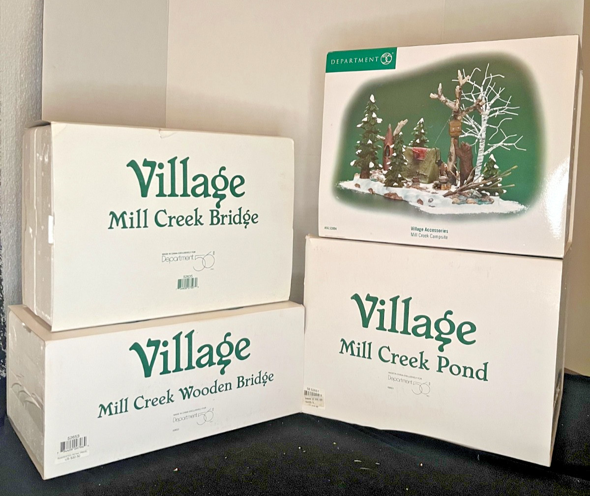 Dept 56 Mill Creek Pond Wooden Bridge and Bridge Campsite Lot Original Boxes NIB