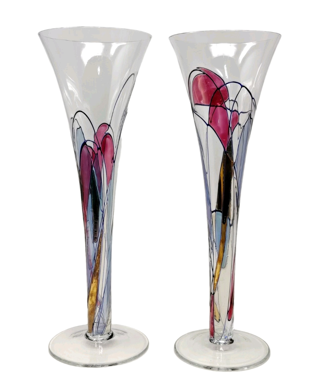 VTG Fostoria Galleria Romanian Crystal Champagne Flute Set 2 Stain Glass Mosaic