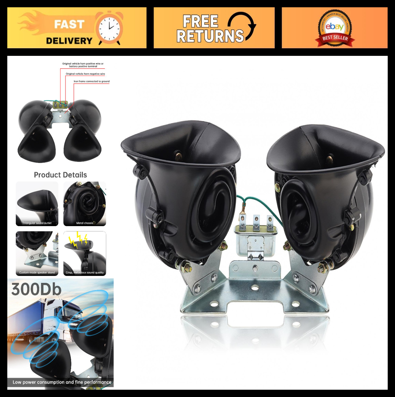 Car Horn 12V Universal Super Loud 300db High Tone Auto Horns Waterproof Electric