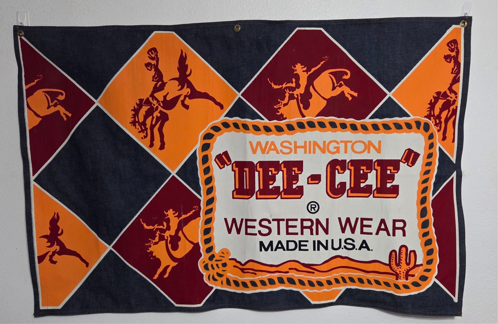 Vintage 1960s Washington DEE CEE Western Wear Denim Banner Made in USA Vintage 1960s Washington DEE CEE Western Wear Denim Banner Made in USA