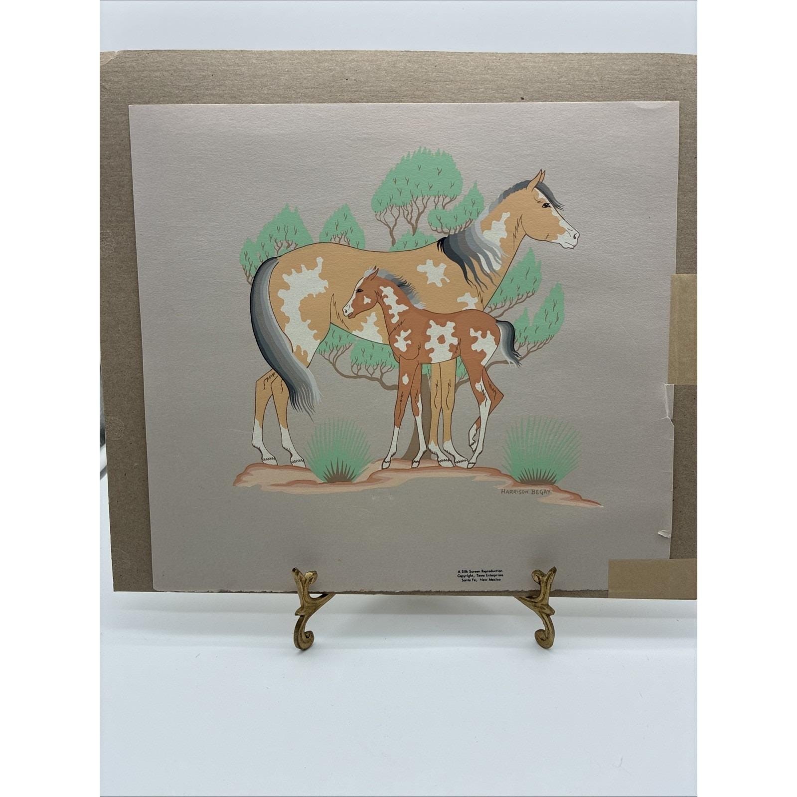 Vintage Harrison Begay Navajo Artist Tewa Silk Screen Pinto Horses Santa Fe