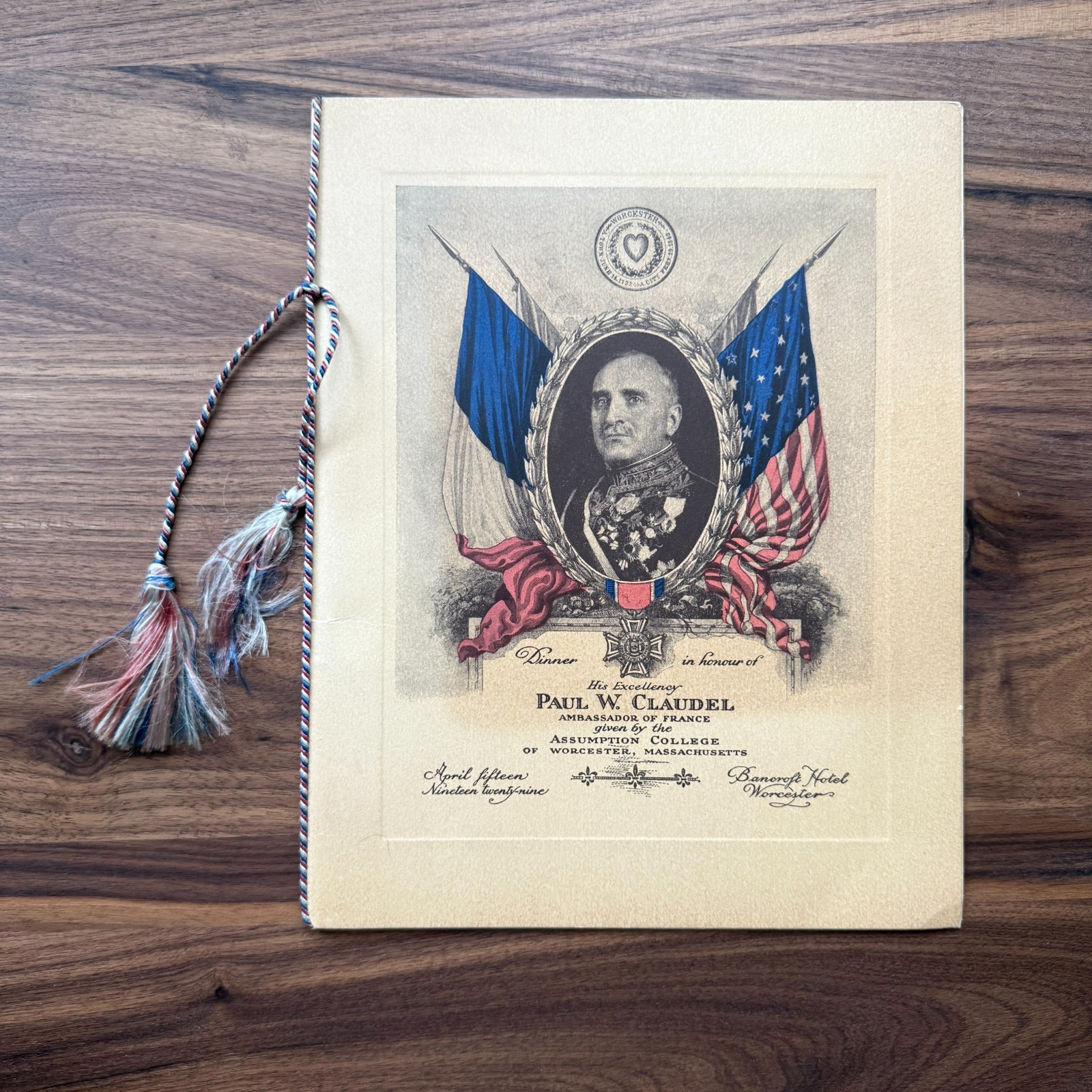 1929 Paul Claudel French Ambassador Dinner Program Worcester, MA SCARCE