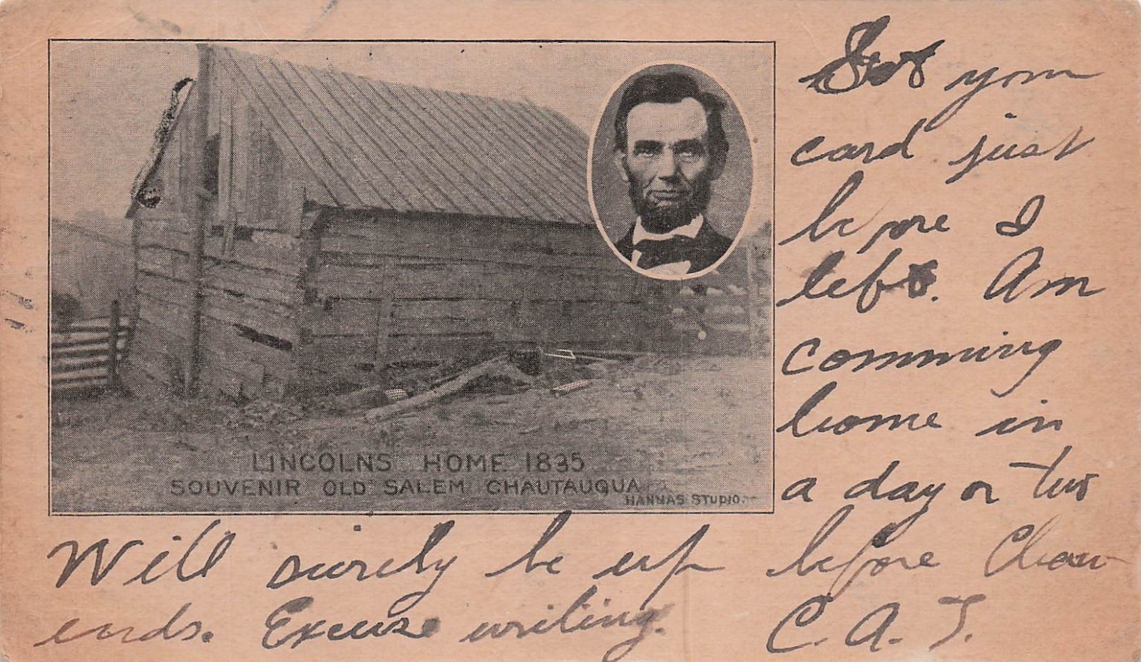 Abraham Lincoln Home 1835 Old Salem Chautauqua Log Cabin Vtg Postcard 17A