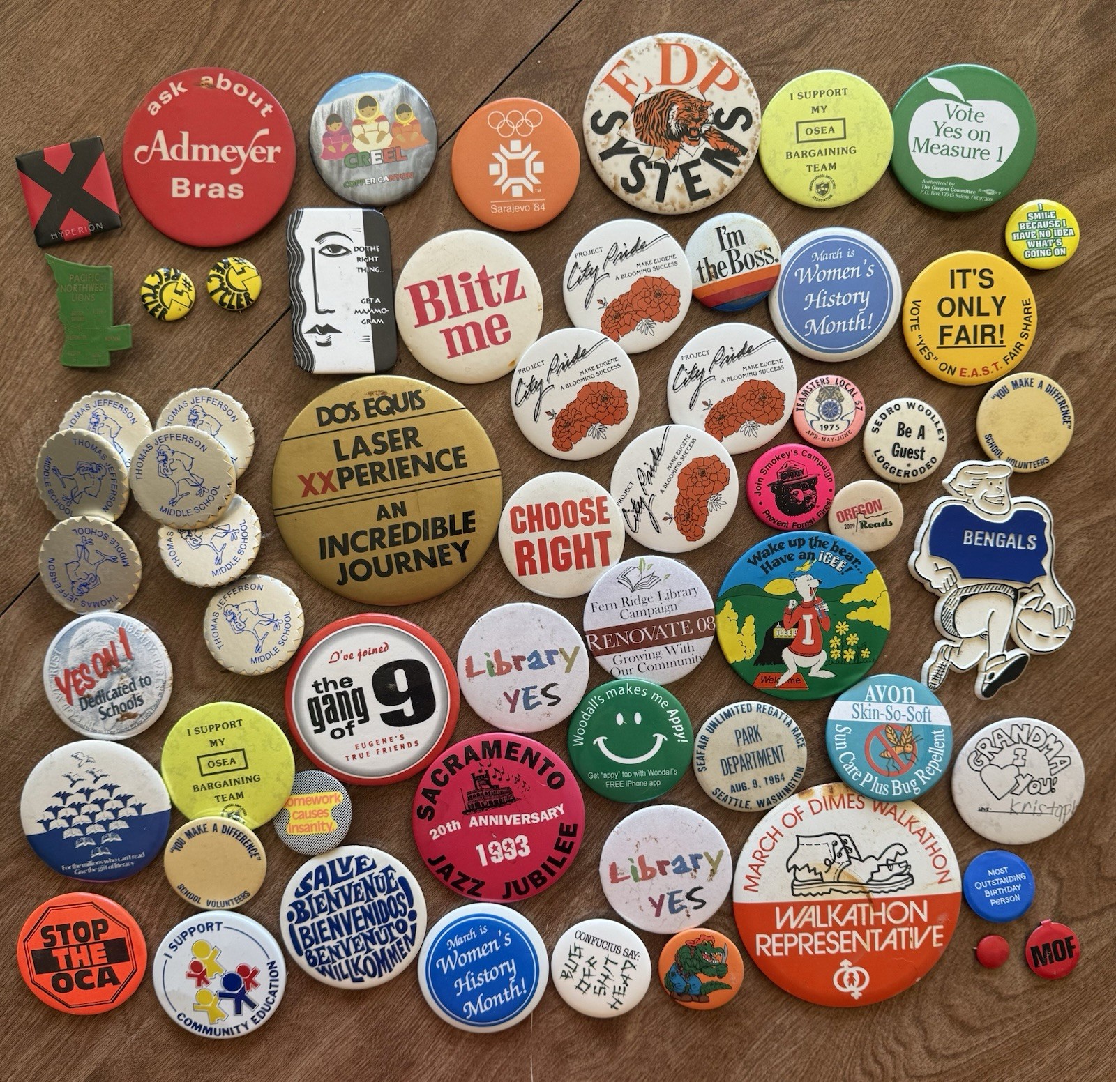 Lot 60 Vintage Pin back Buttons 1980s 1990s PNW Pop Culture Advertising Random