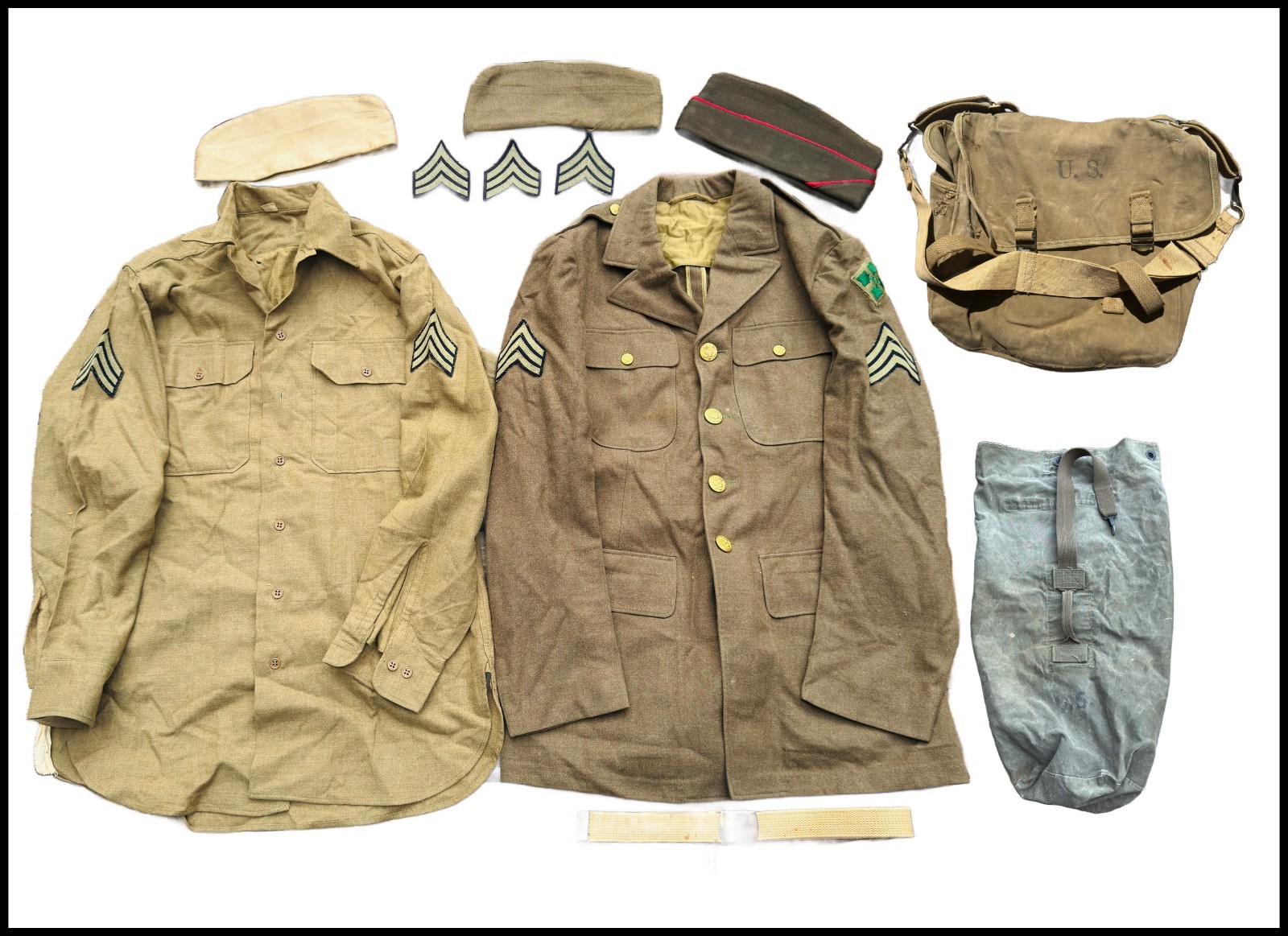 WWII US 4th Infantry Uniform W-3965 & Mixed Mussette Field Duffle Bag Grouping