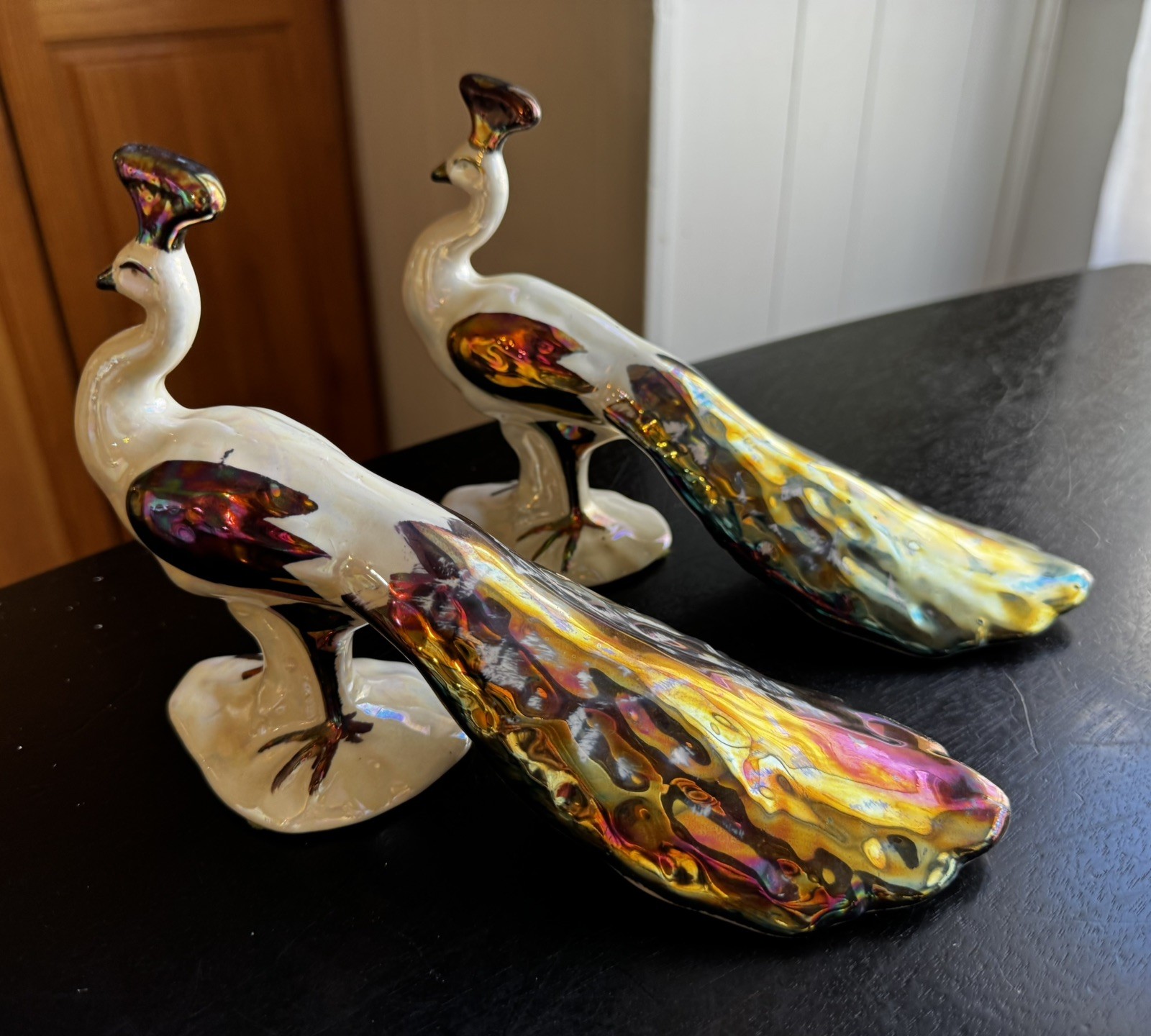 Vtg MCM Ceramic Peacock Figurines Set of 2 Pearl Iridescent Lusterware Gold Vtg MCM Ceramic Peacock Figurines Set of 2 Pearl Iridescent Lusterware Gold